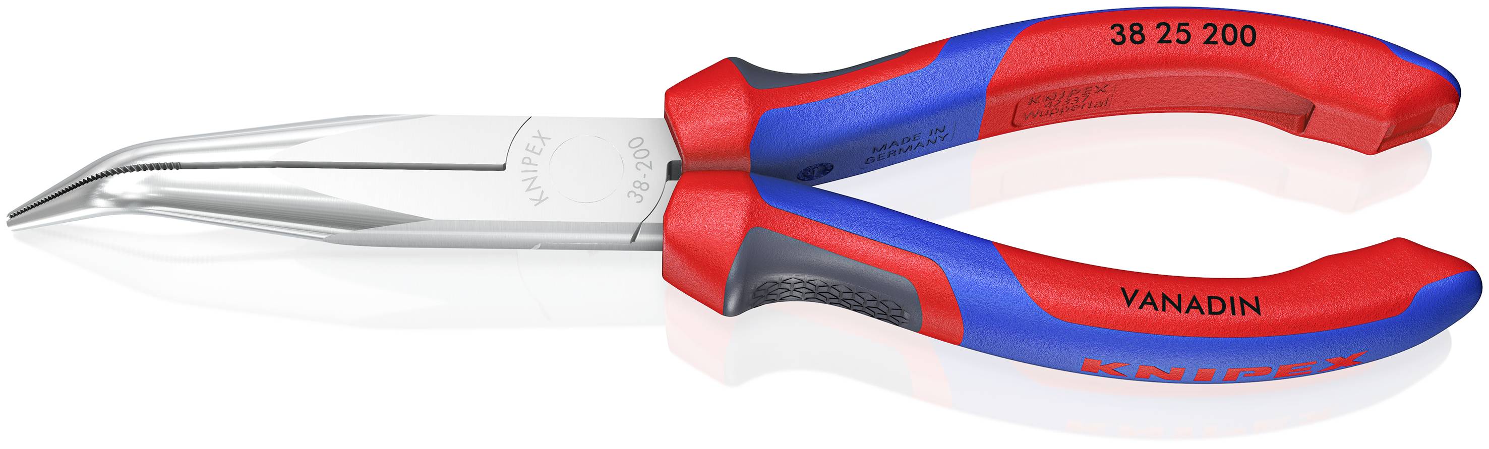Rot und blau lange Spitzzangen mit der Aufschrift 'VANADIN', mit gezähnten Greifbacken und einer Schneidkante in der Nähe der Spitze.