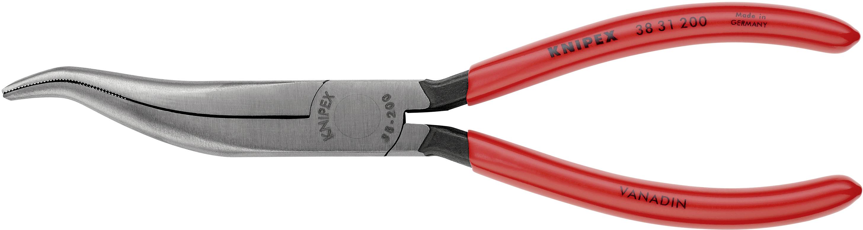 Abgebildet ist eine gebogene, rote Spitzzange mit der Aufschrift 'Knipex' auf dem Griff.