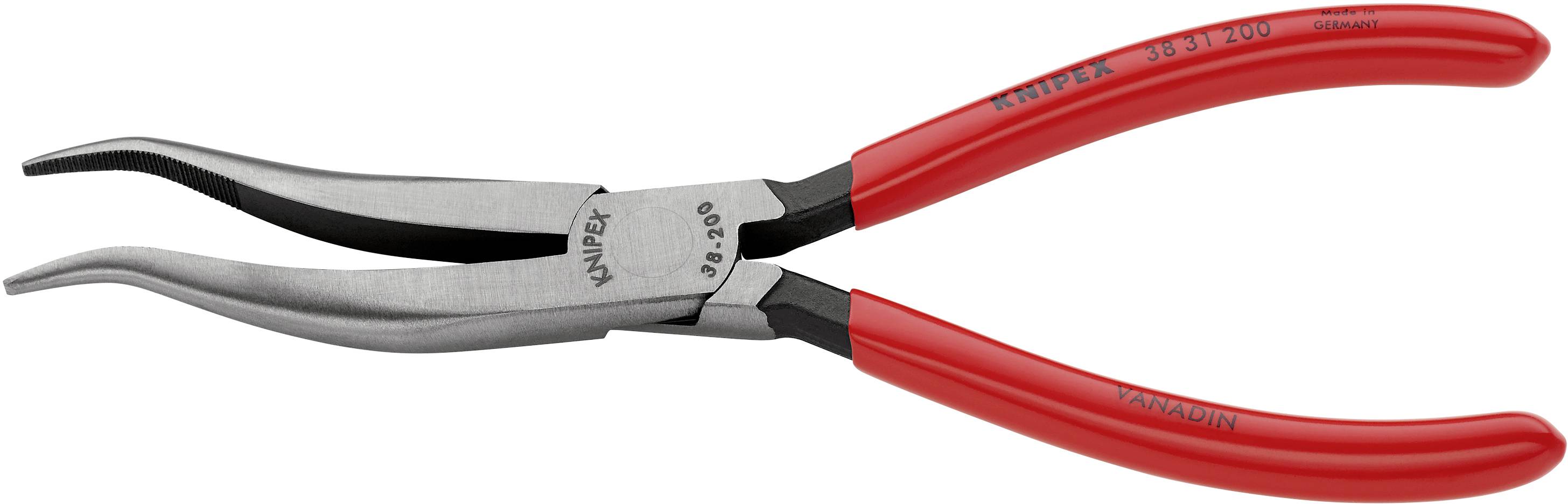 Rote Knipex Zange mit gebogenen Backen, geeignet für präzise Arbeiten. Hergestellt aus verchromtem Vanadium-Stahl.