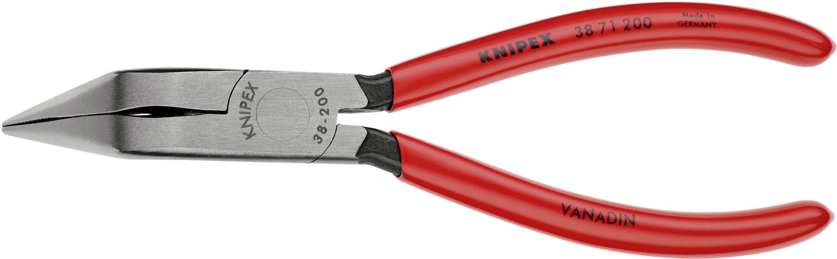 Rote KNIPEX Kombizange aus Vanadium, Modell 38 71 200. Langer, schmaler Kopf mit geriffelten Griffen, geeignet für verschiedene Schneid- und Halteaufgaben.