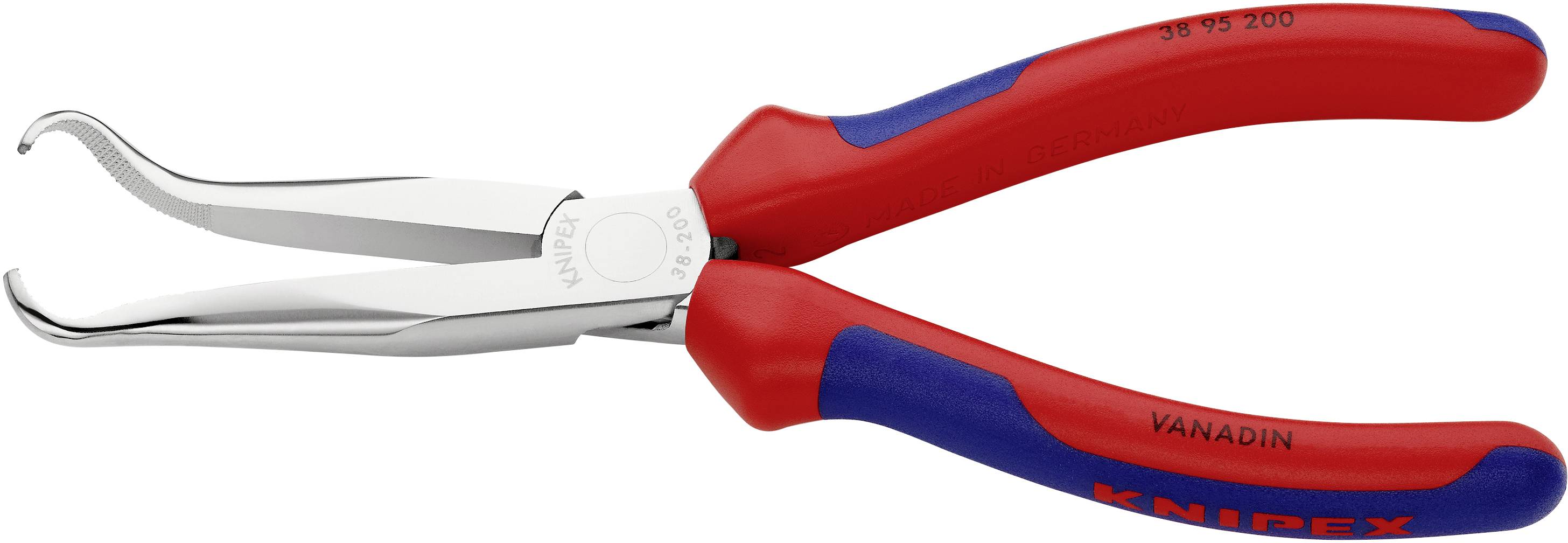 Rote und blaue Seegerringzange mit gebogenen Spitzen, geeignet zum Greifen oder Entfernen von Sicherungsringen in Mechanik- und Reparaturarbeiten.