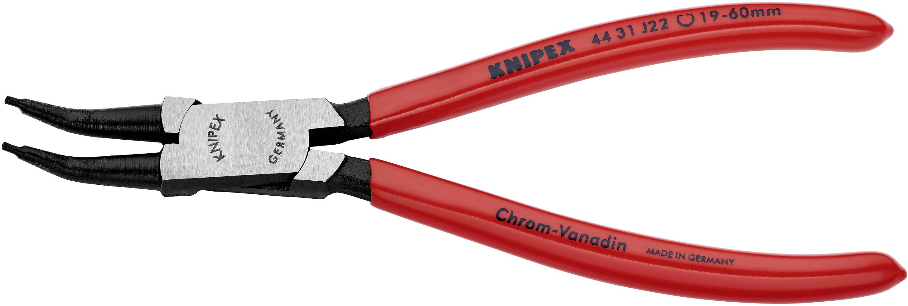 Rote Knipex Sprengringzange mit gebogenen Spitzen, geeignet für Ringe von 19-60 mm. Gefertigt aus Chrom-Vanadium-Stahl, made in Germany.