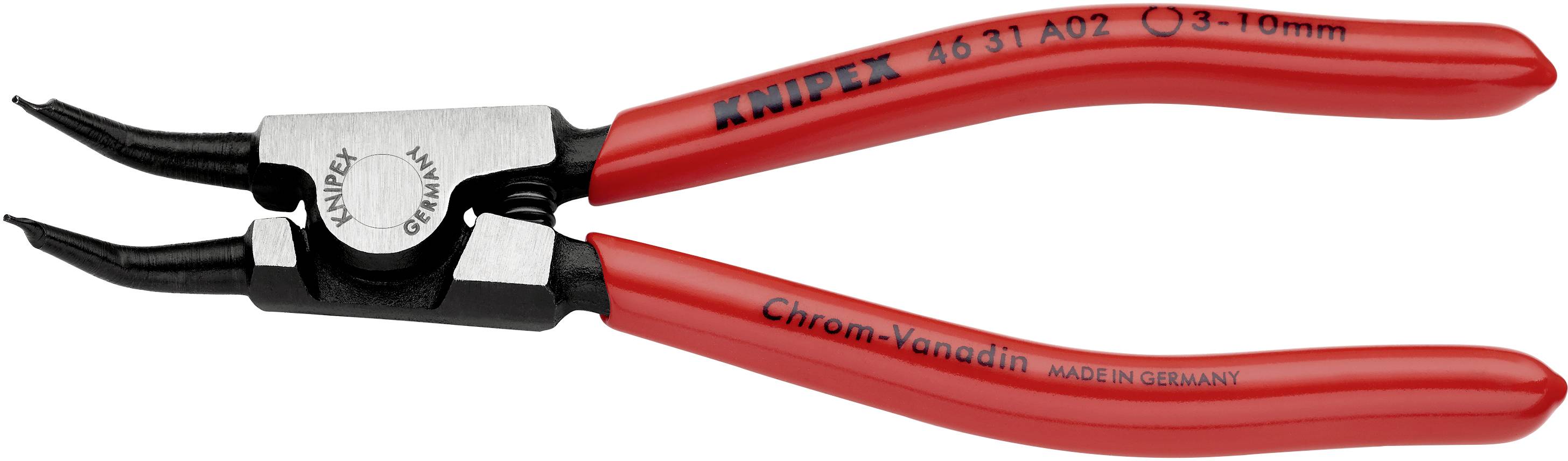 Abgebildet ist eine rote Sprengringzange der Marke KNIPEX, geeignet für Ringe mit einem Durchmesser von 3-10 mm.