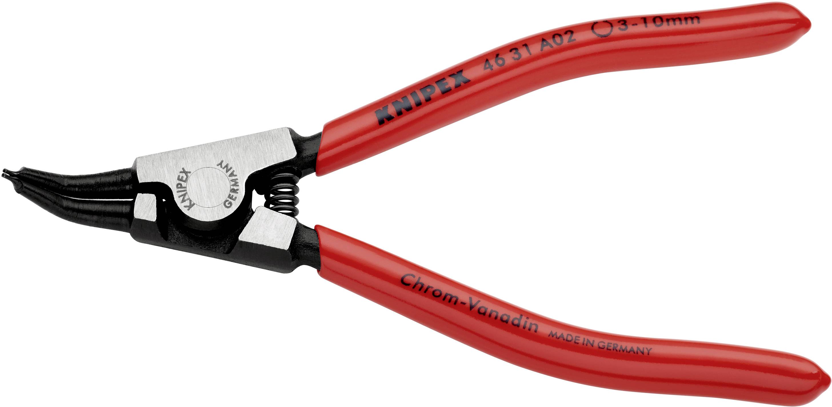 Rote Seegerringzange von Knipex aus Chrom-Vanadium-Stahl, geeignet für Innenringe Ø 3-10 mm.
