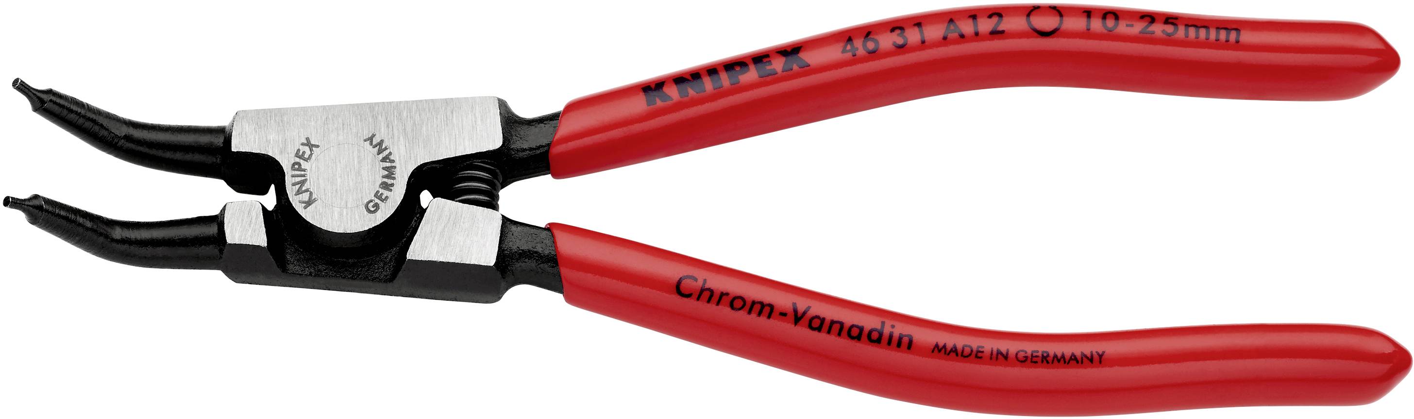 Eine rote Sicherungsringzange mit schwarzer Spitze der Marke 'Knipex', geeignet für Innenringe von 10-25 mm, aus Chrom-Vanadium gefertigt.