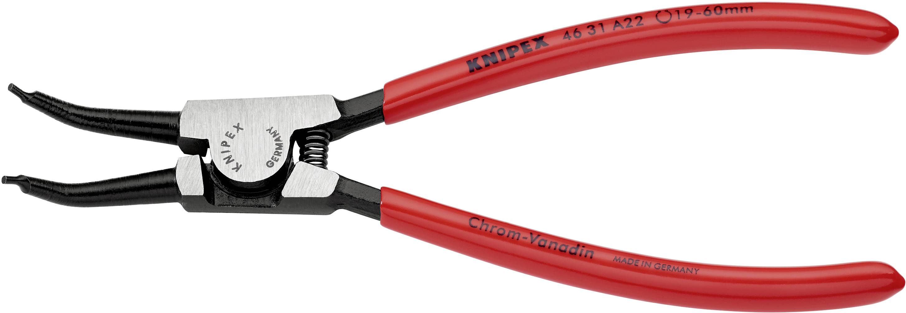 Eine rote Rundzange der Marke Knipex mit gebogenen Spitzen für die Bearbeitung von Sicherungsringen, geeignet für Durchmesser zwischen 19 und 60 mm.