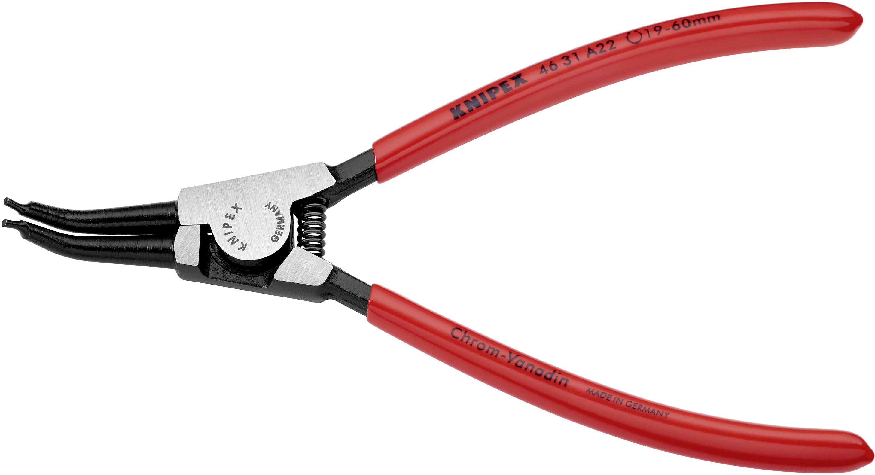 Zange mit roten Griffen, speziell für die Montage von Sprengringen. Markierung 'Knipex 46 31 A21' auf dem Werkzeug.