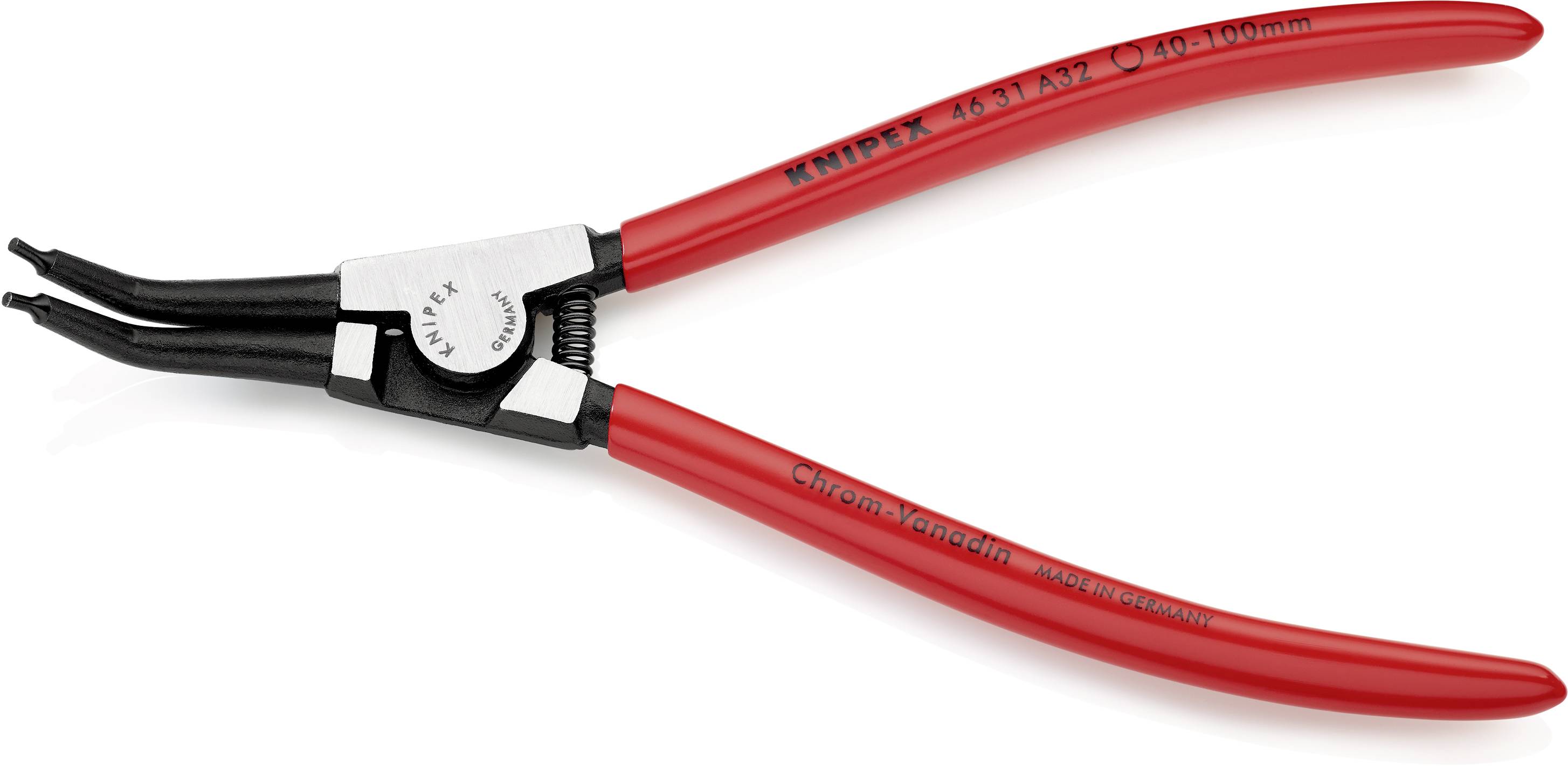 Eine rote Knipex Sprengringzange, Modell 45 31 A31, zum Einbau von Sprengringen, mit Chrom-Vanadium-Gehäuse und gebogenen Spitzen.