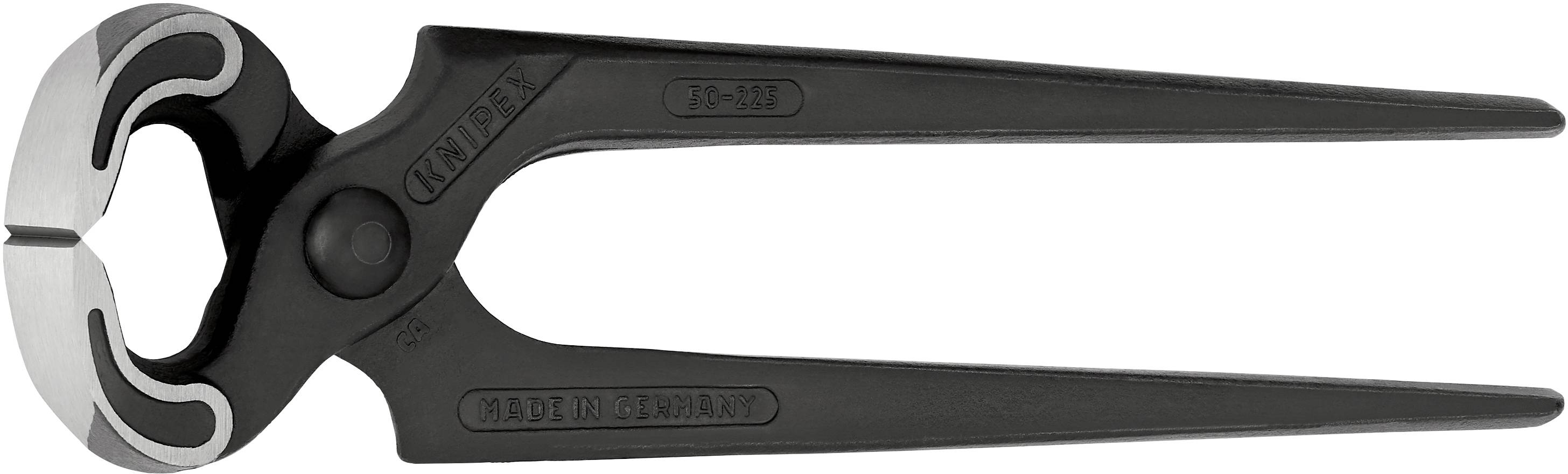 Schwarze Kneifzange aus Metall, mit glänzenden Schneidkanten. Markierungen 'Knipex' und 'Made in Germany'. Werkzeug für das Abzwicken von Draht.