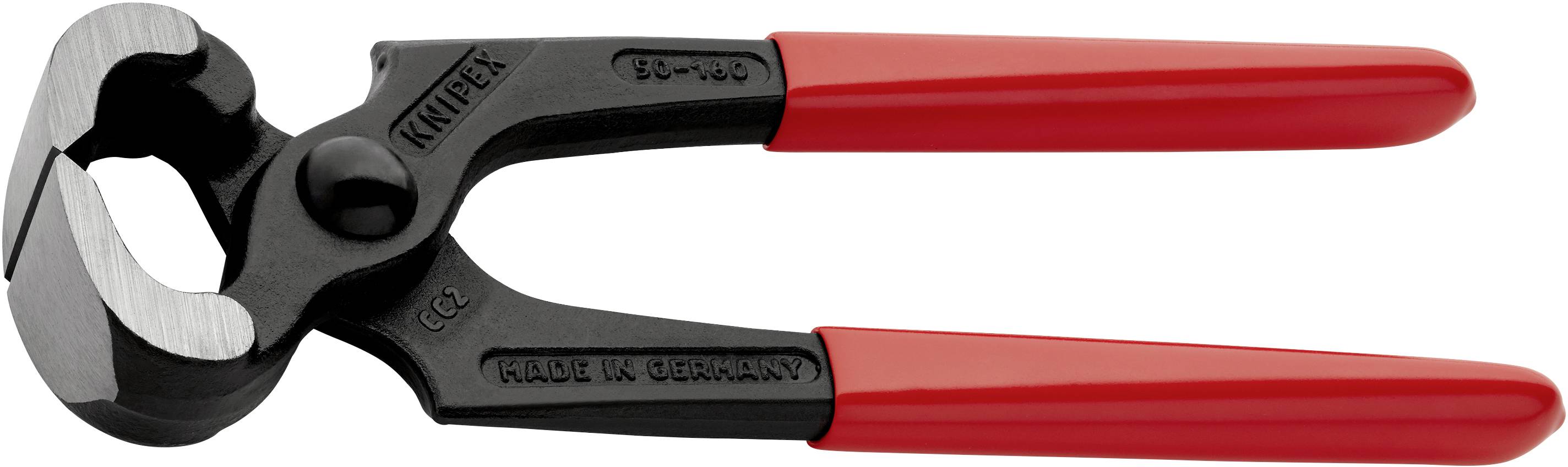Eine schwarze Kneifzange mit roten Griffen, geeignet für Drahtschneiden und Universalschneiden. Hergestellt in Deutschland, Marke Knipex.