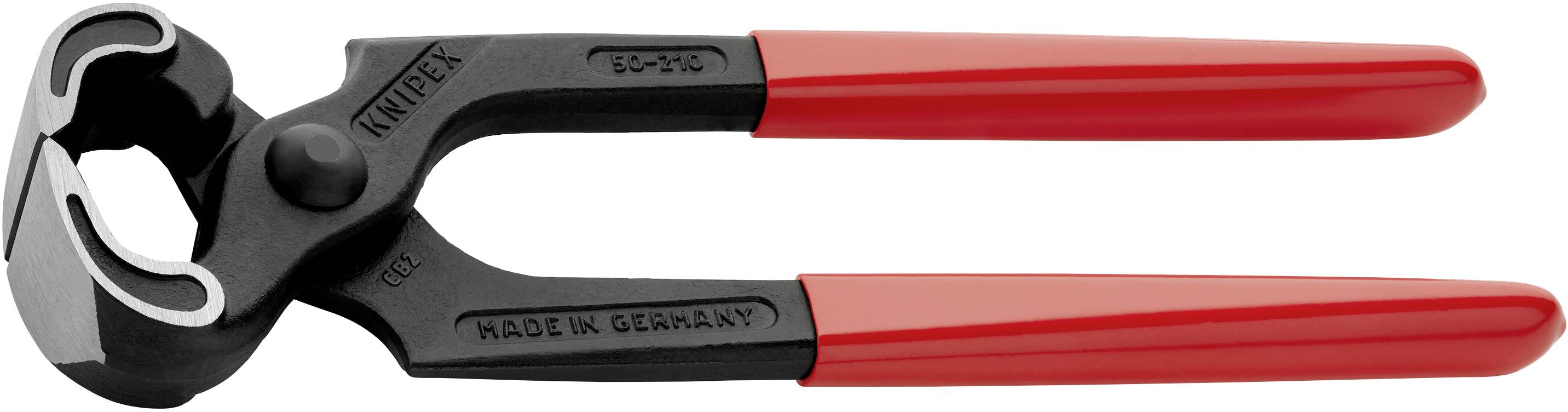 Zange mit roten Griffen. Sie ist schwarz, metallisch und für Greif- oder Schneidearbeiten geeignet. Markierung 'Made in Germany'.
