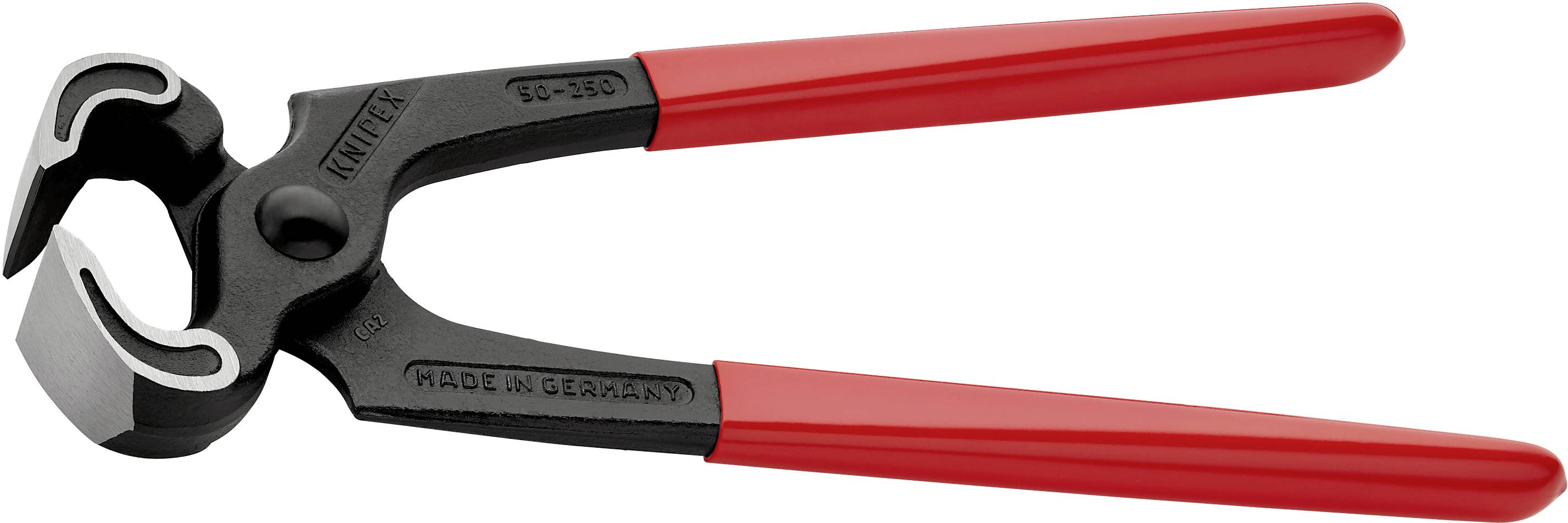 Schwarze Beißzange mit roten Griffen, 'Made in Germany' Prägung. Geeignet für das Schneiden von Drähten oder das Entfernen von Nägeln.