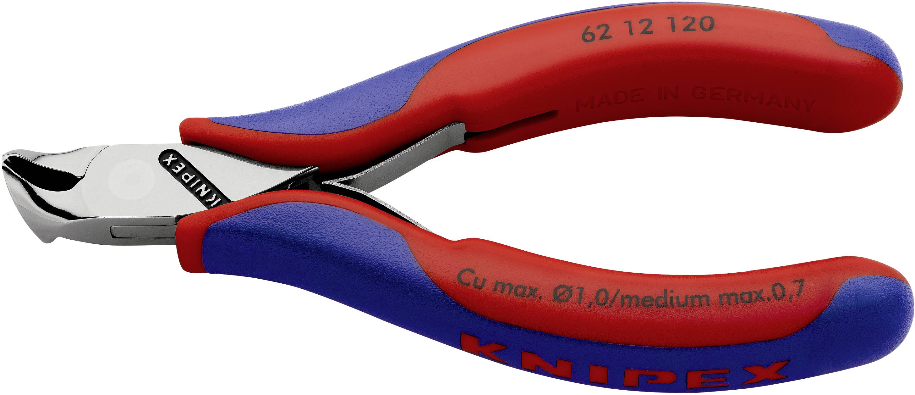 Seitenschneider mit blauen und roten Griffen, Aufschrift 'Knipex'. Geeignet für Kupferdrähte bis Ø1,0/medium max. 0,7.