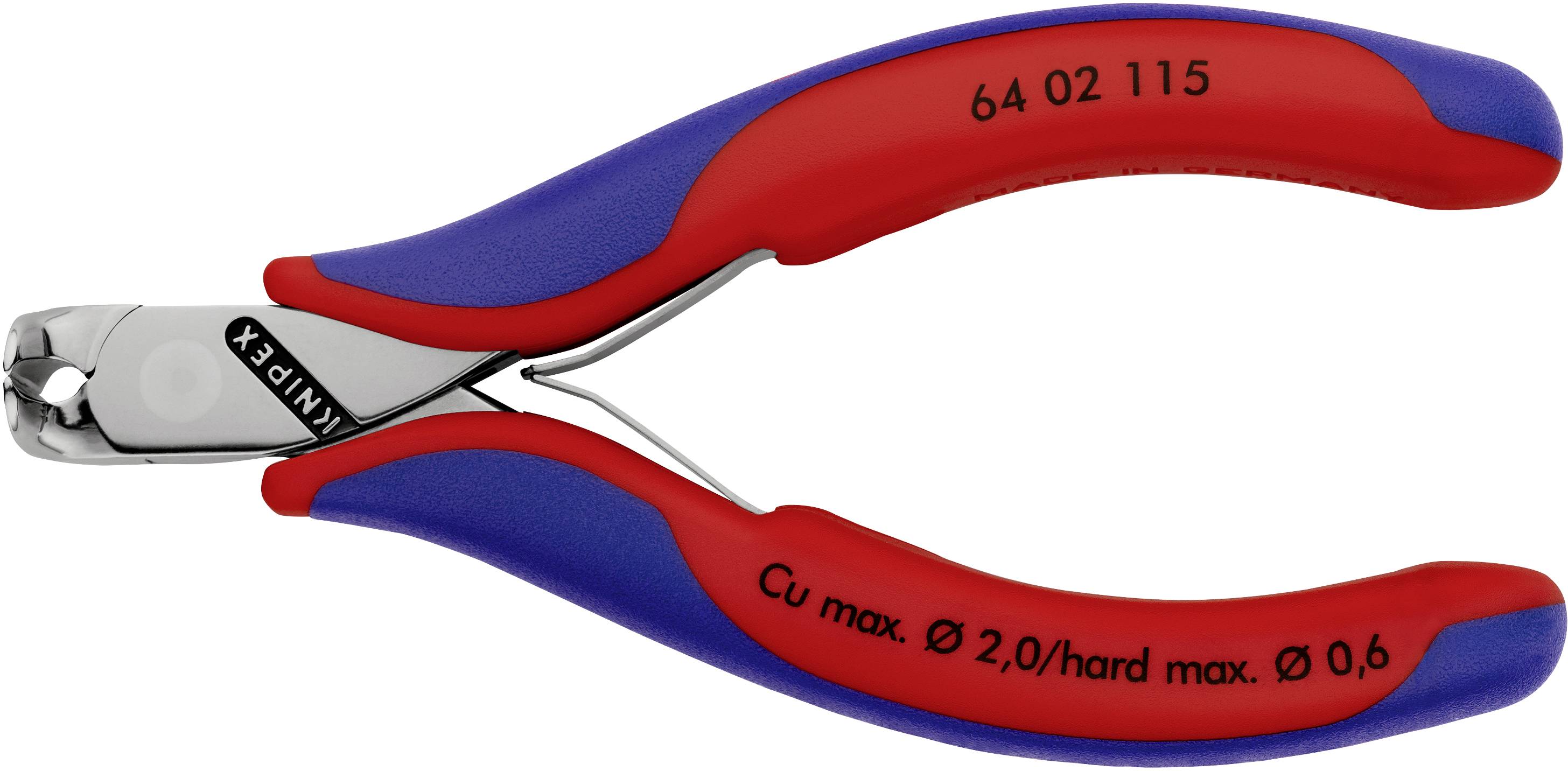 Eine rote und blaue Zange mit der Bezeichnung 'Knipex' auf einem der Griffe, geeignet für Kabel bis 2,0 mm Durchmesser.