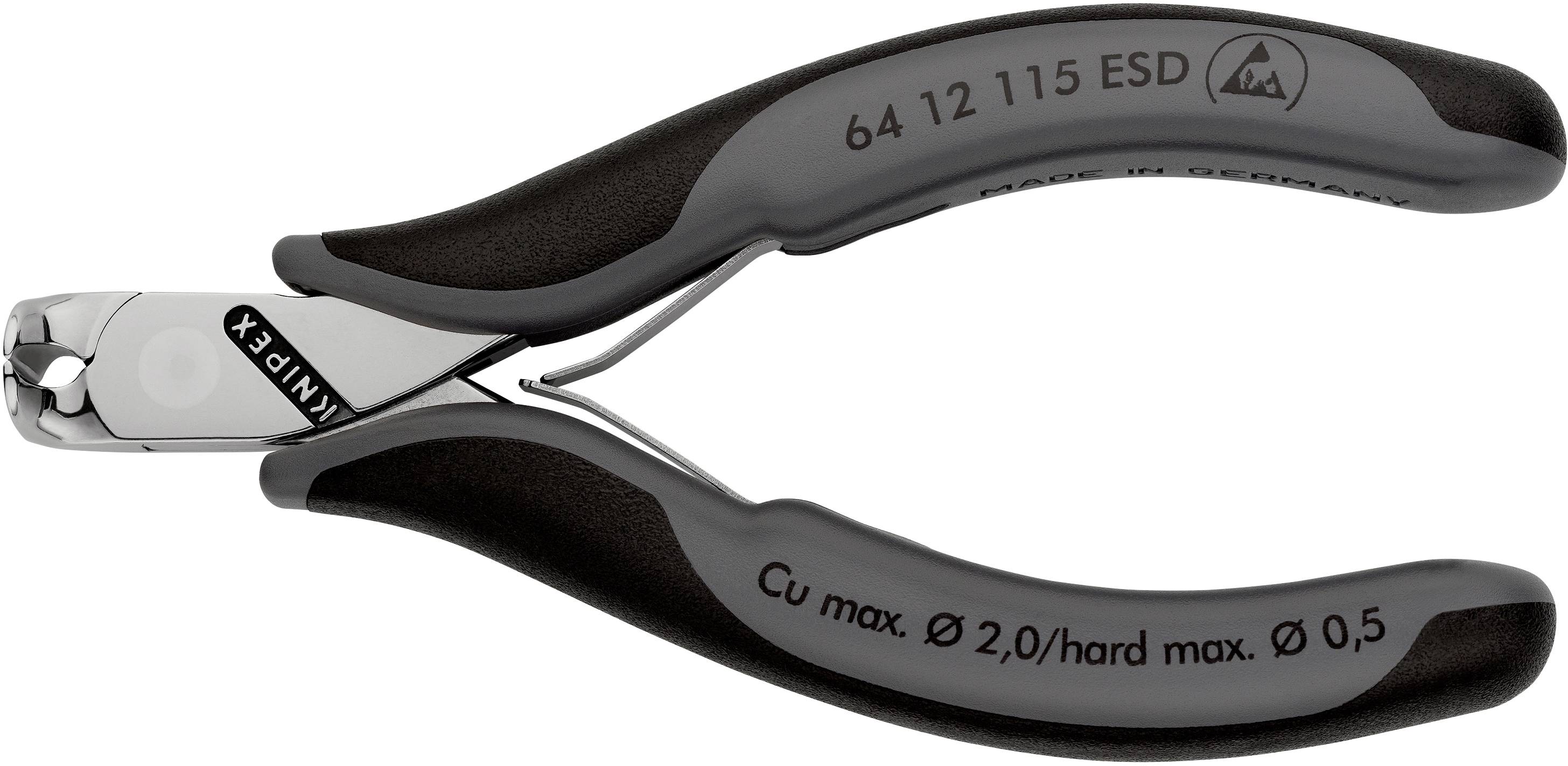 Eine Seitenschneiderzange mit schwarzen Griffen, geeignet für Kupferdrähte bis 2,0 mm und harte Drähte bis 0,5 mm.