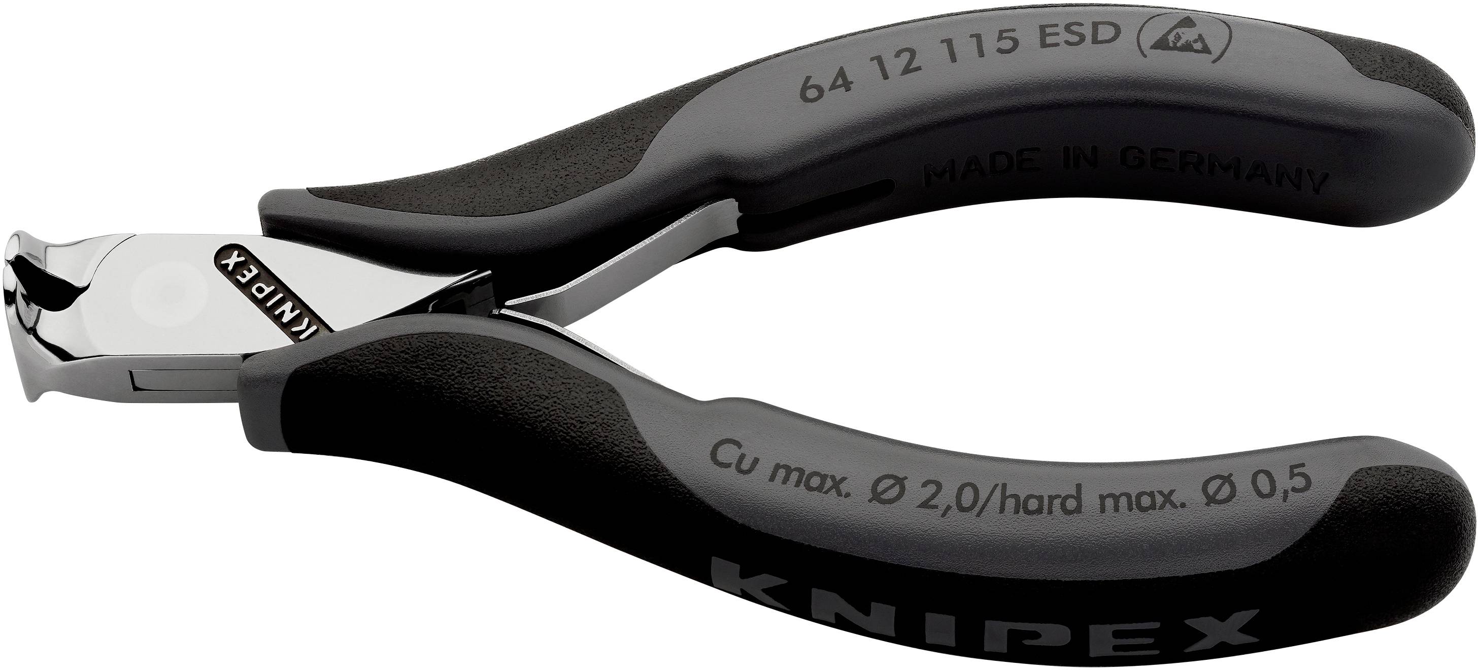 Schwarzer Knipex-Seitenschneider mit ESD-Griffen, geeignet für Kupferdraht bis 2,0 mm und harten Draht bis 0,5 mm Durchmesser.