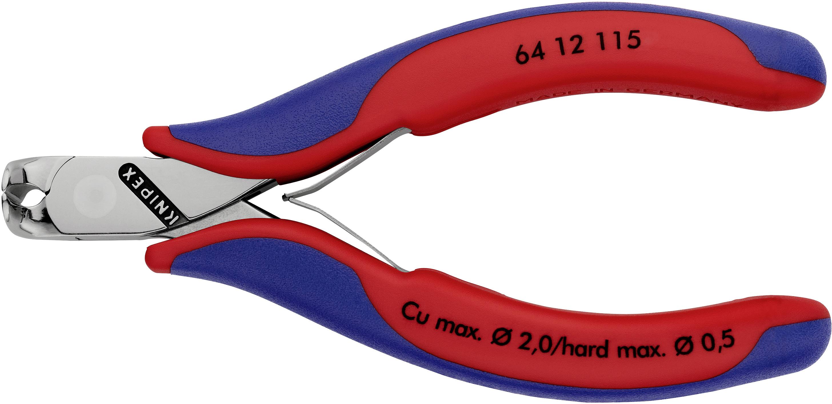 Rote und blaue Seitenschneider-Zange mit Beschriftung 'Cu max. Ø 2,0/hard max. Ø 0,5', Modellnummer '64 12 115'.