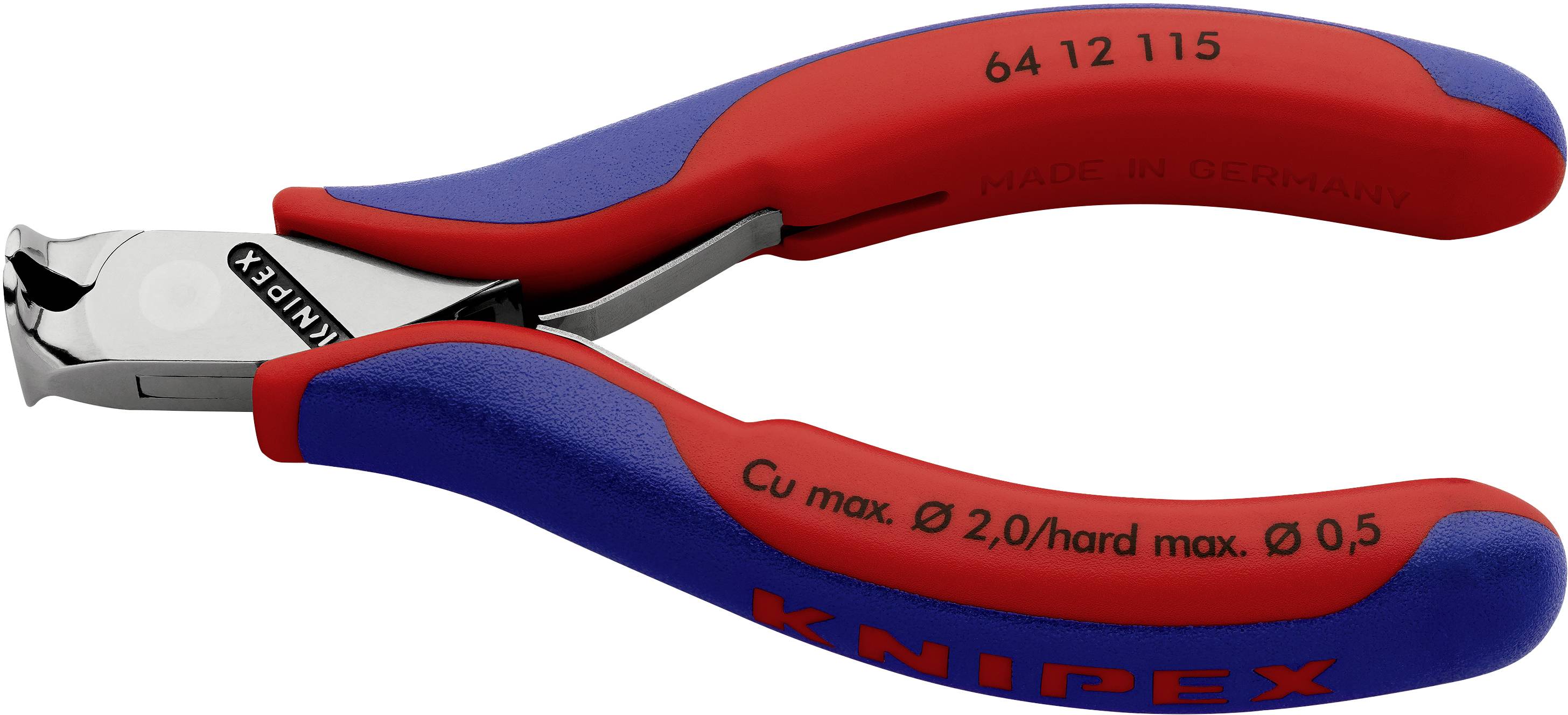 Seitenschneider mit blauen und roten Griffen, Knipex-Logo. Modellnummer 64 12 115, geeignet für harte Drähte bis 2 mm Durchmesser.