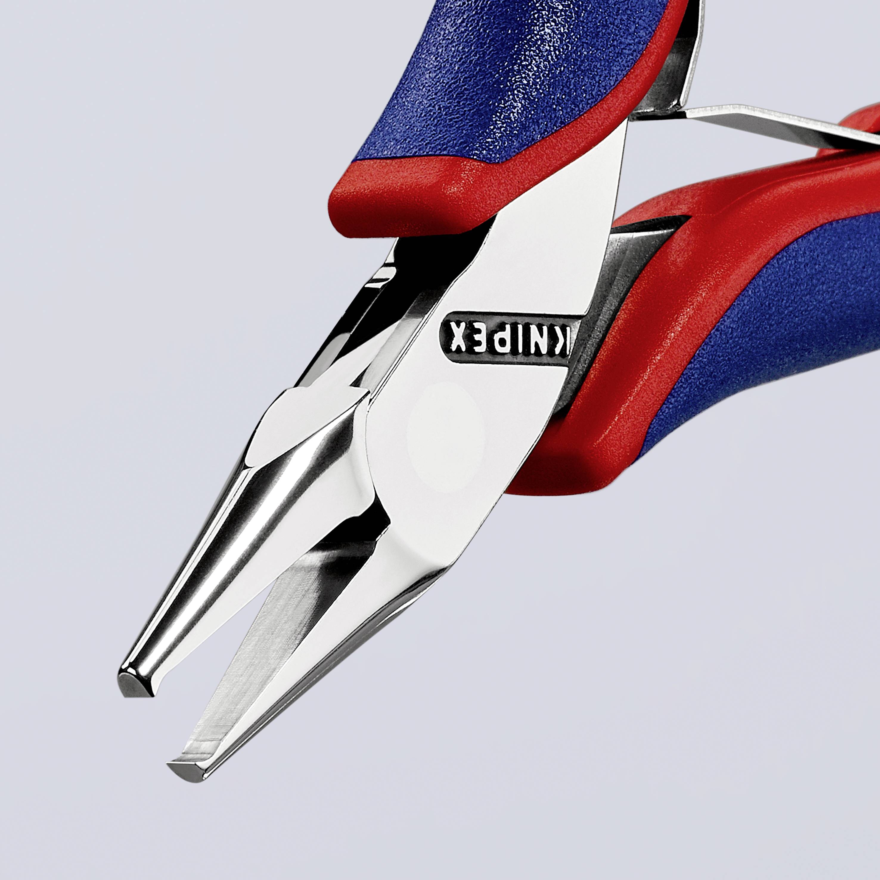 Eine blaue und rote Zange mit schmalen Greifern, geeignet für präzise Arbeiten. Das Logo 'Knipex' ist erkennbar.