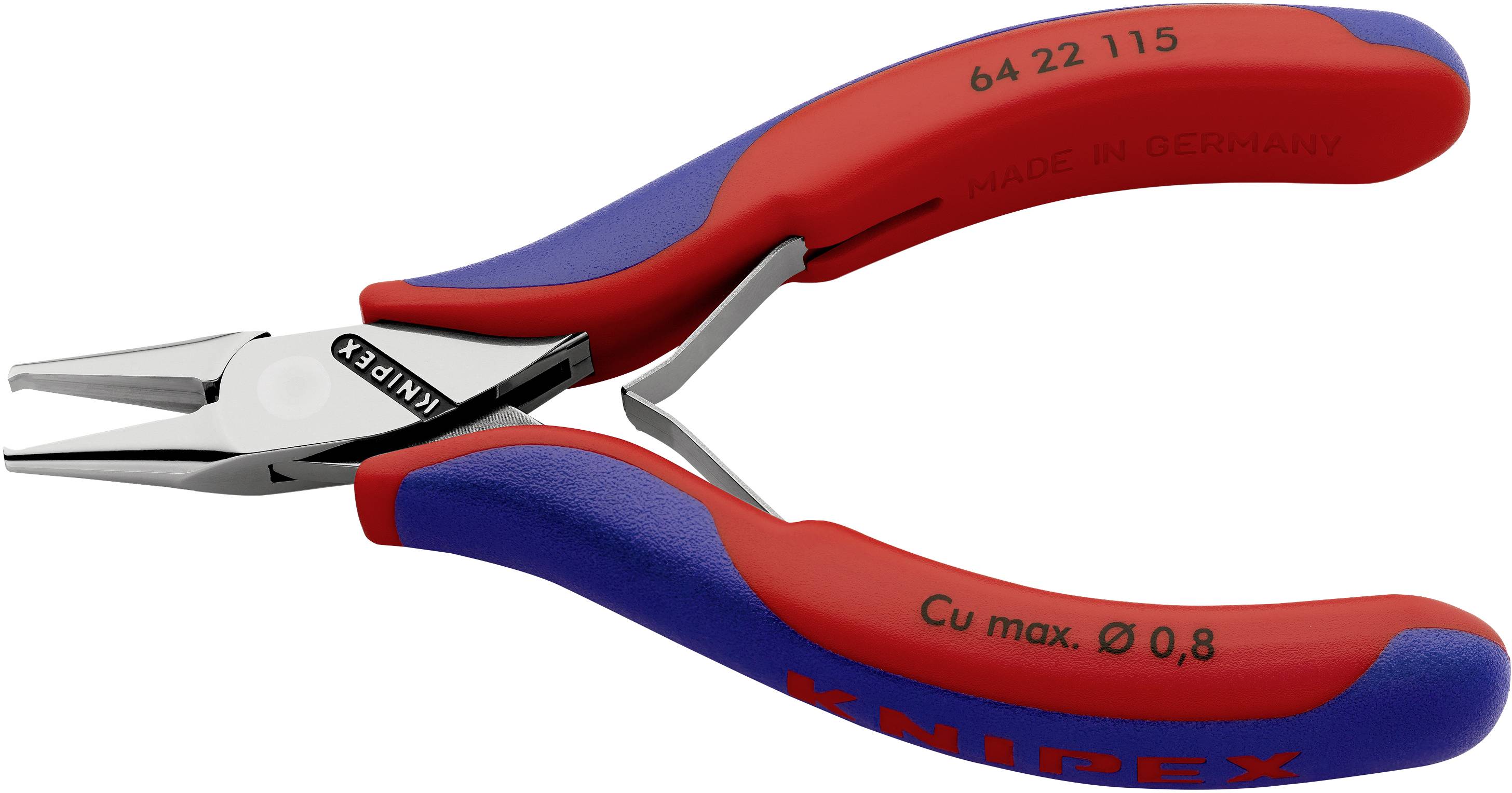 Diagonalzange aus Metall mit roten und blauen Griffen. Geeignet für Schneidarbeiten, maximale Schnittkapazität: Durchmesser 0,8 mm.