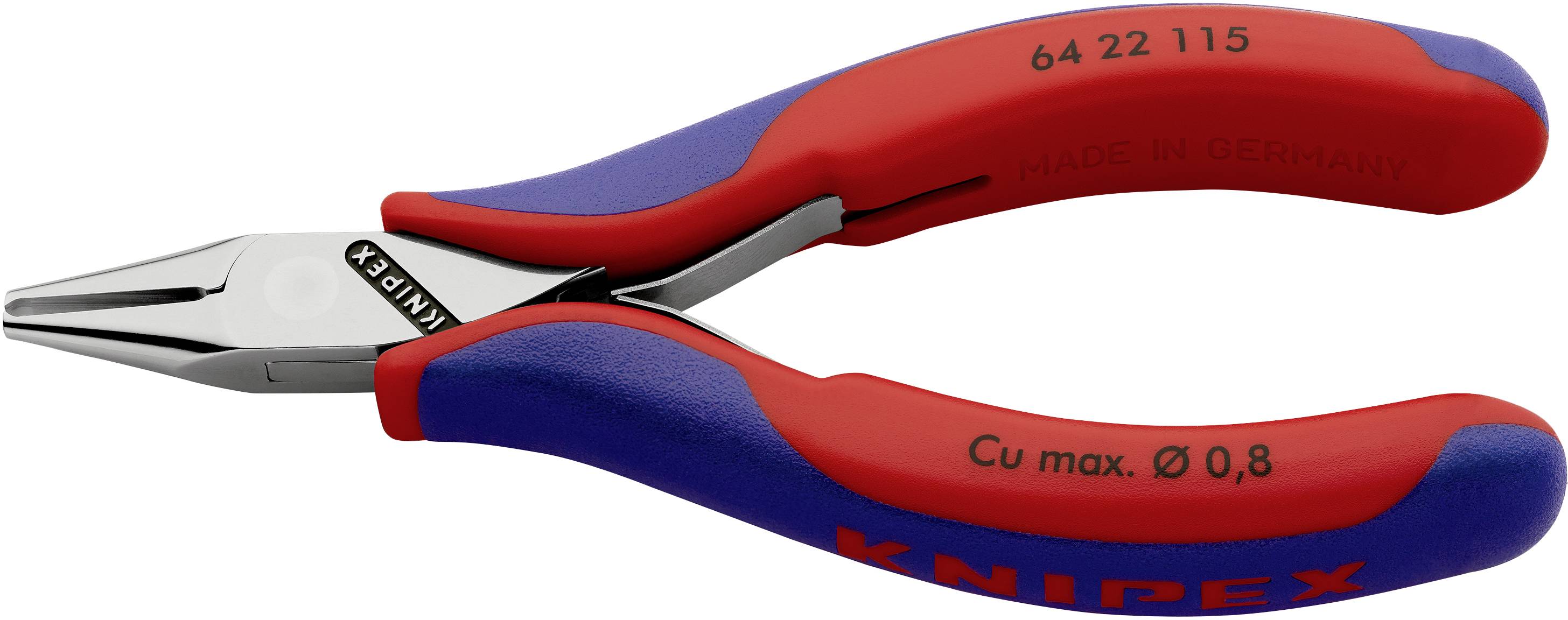 Kleines Seitenschneider-Werkzeug mit roten und blauen Griffen, geeignet zum Schneiden von Kupferdraht mit einem Maximaldurchmesser von 0,8 mm.