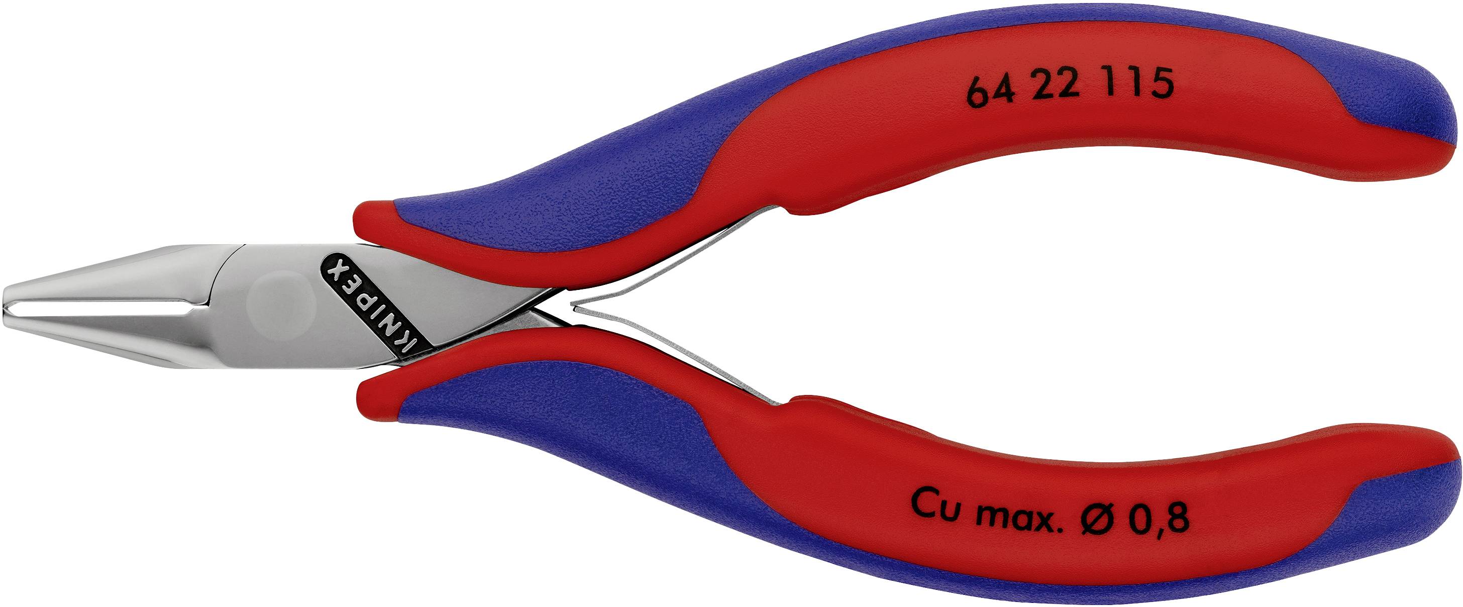 Rote-zweifarbige Präzisionszange mit blauen Griffen, etikettiert mit '64 22 115' und 'Cu max. Ø 0,8', geeignet zum Schneiden von Drähten.