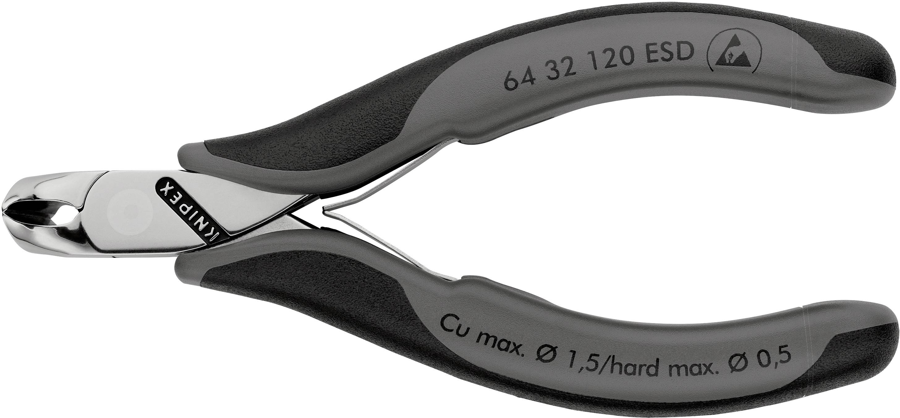 Seitenschneider mit schwarzen Griffen, beschriftet mit 'Knipex 64 32 120 ESD'. Geeignet für Kupferdrähte bis 1,5 mm Durchmesser.