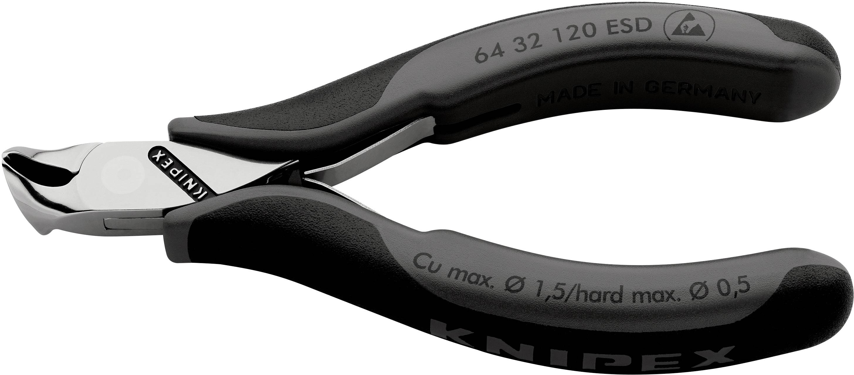 Ein Seitenschneider, Marke Knipex, schwarz-grau, mit der Aufschrift 'Made in Germany'. Eignet sich zum Schneiden von Drähten bis 1,5 mm.
