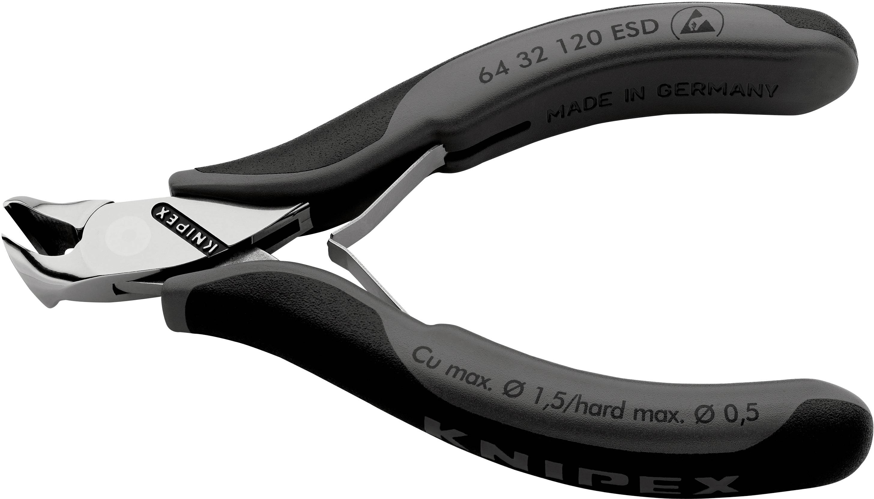 Seitenschneider, Marke Knipex, schwarz mit silbernen Klingen, mit Aufschrift 'Made in Germany'; zur präzisen Kabelbearbeitung.