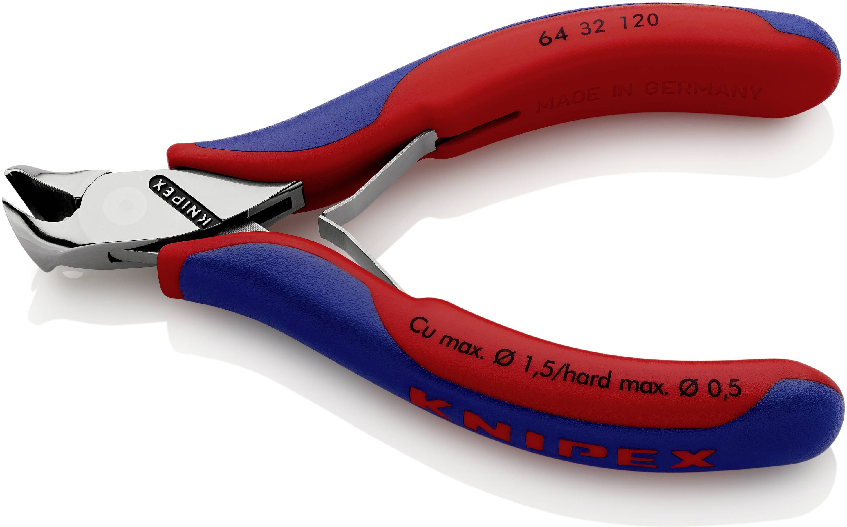 Eine rote und blaue Zange der Marke Knipex, geeignet zum Schneiden von Kupferdrähten bis zu einem Durchmesser von 1,5 mm.
