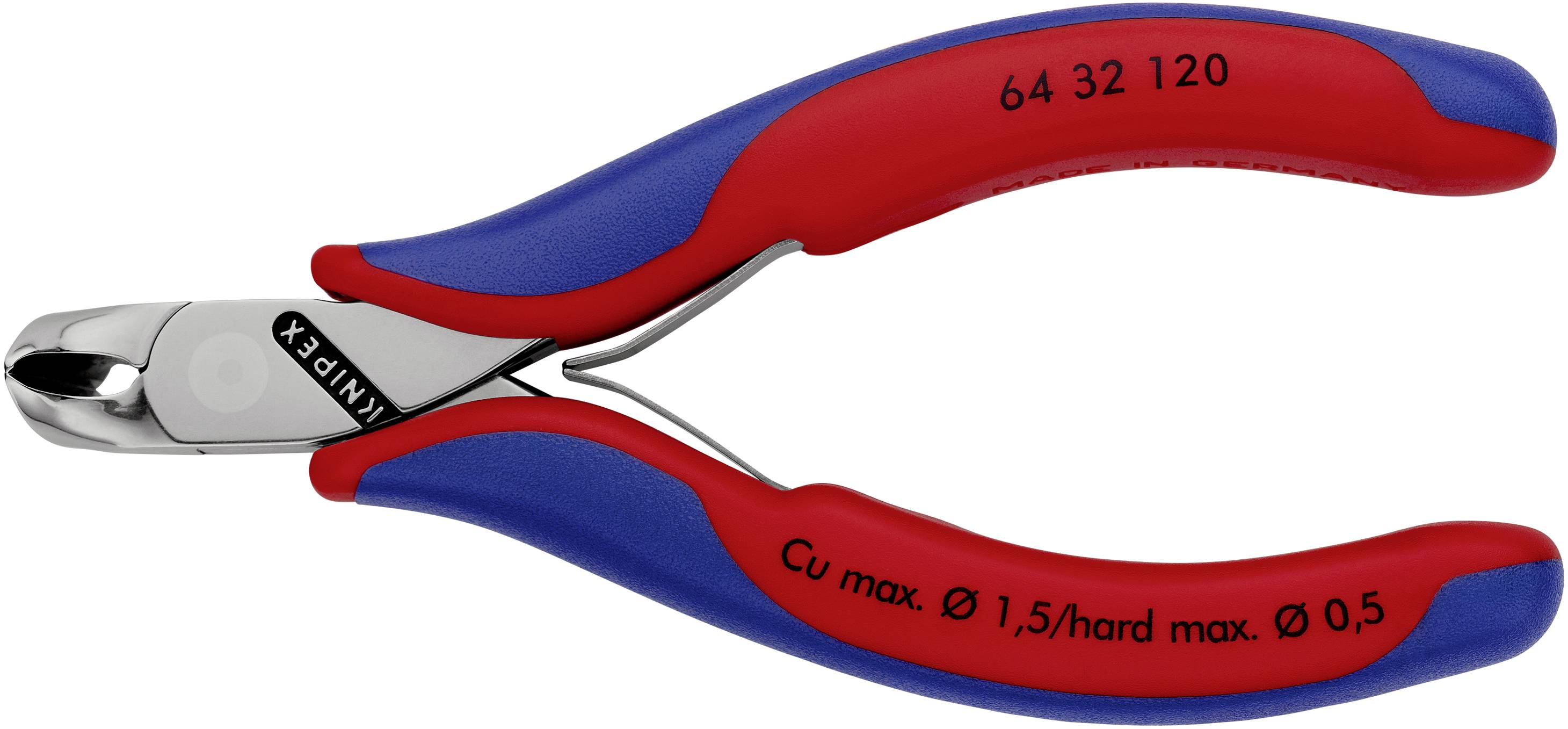 Rote und blaue Kabelschneider aus Metall, geeignet für Kupferdrähte bis 1,5 mm Dicke. Aufschrift: 'Cu max. Ø 1,5/hard max. Ø 0,5'.