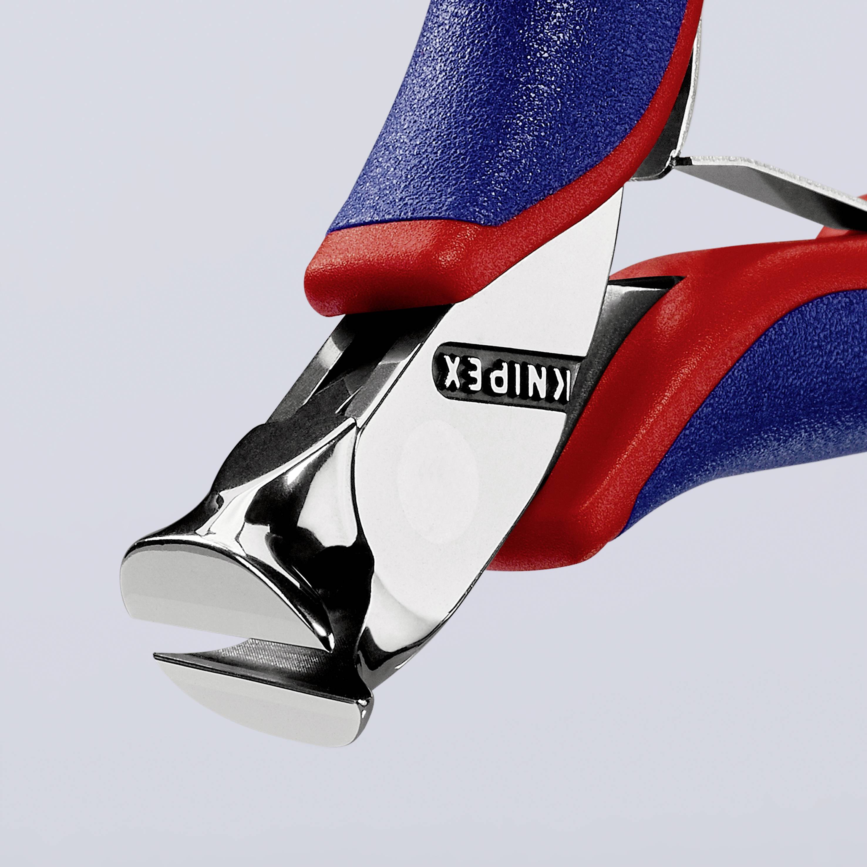 Nagelzange mit roten und blauen Griffen, Knipex-Logo auf der Klinge.