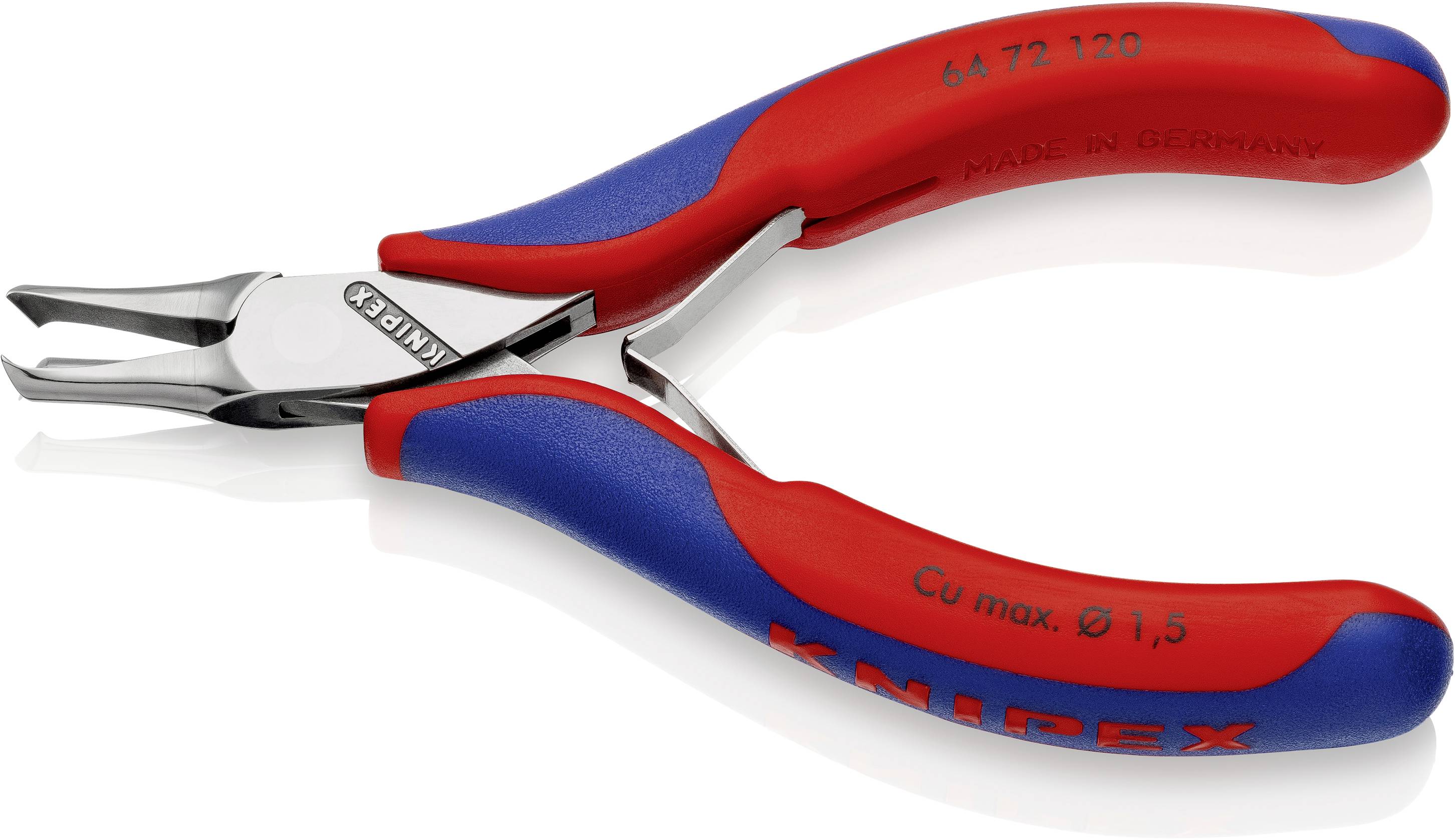 Eine rote und blaue Knipex-Zange, geeignet für Kupfer bis maximal Ø 1,5 mm. Hergestellt in Deutschland.