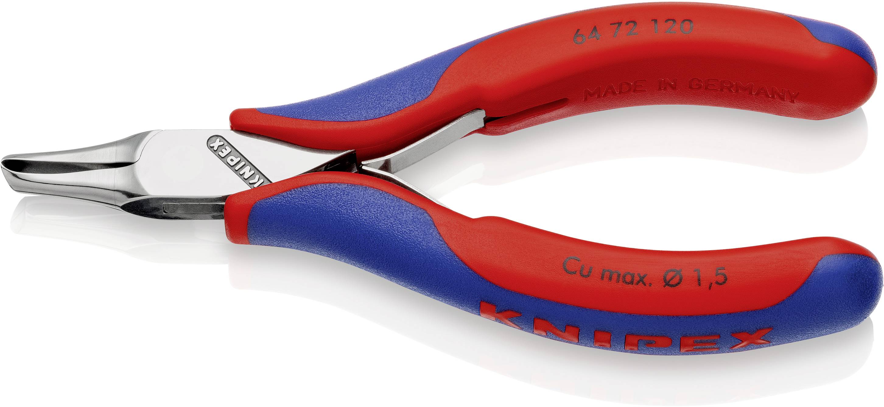 Ein roter und blauer Seitenschneider mit der Aufschrift 'Knipex' auf dem Griff und '64 72 120' sowie 'Cu max. Ø 1,5' seitlich.