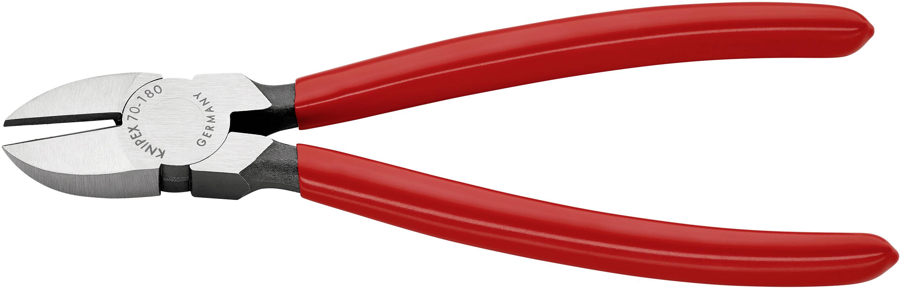 Eine rote Seitenschneider-Zange mit silbernen Klingen in einer geöffneten Position, geeignet zum Schneiden von Drähten oder Kabeln.
