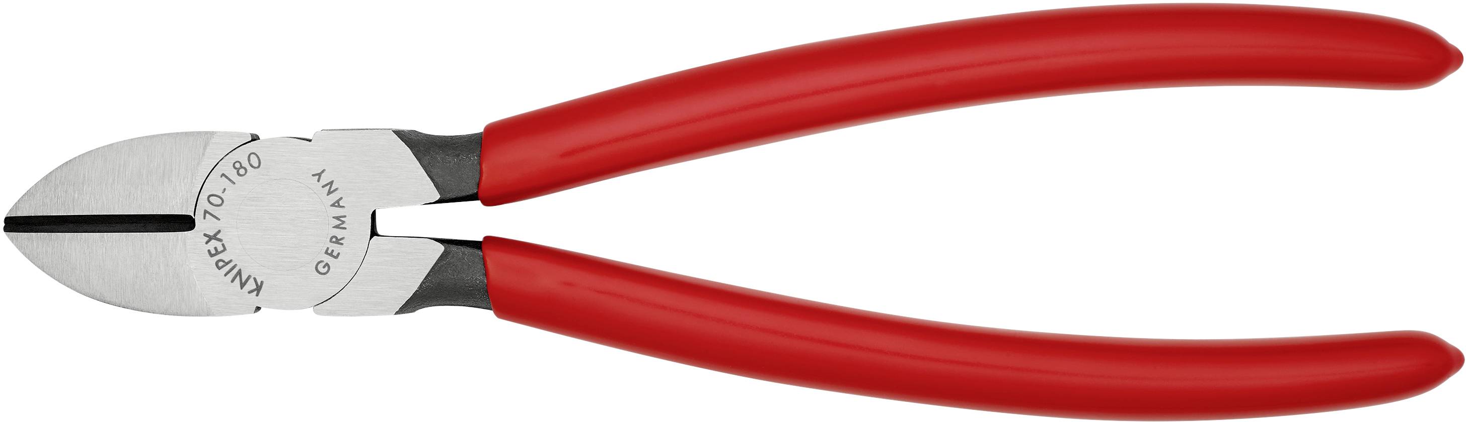 Roter Seitenschneider mit metallischen Schneiden und schwarzem Scharnier, geeignet zum Durchtrennen von Drähten oder Kabeln.