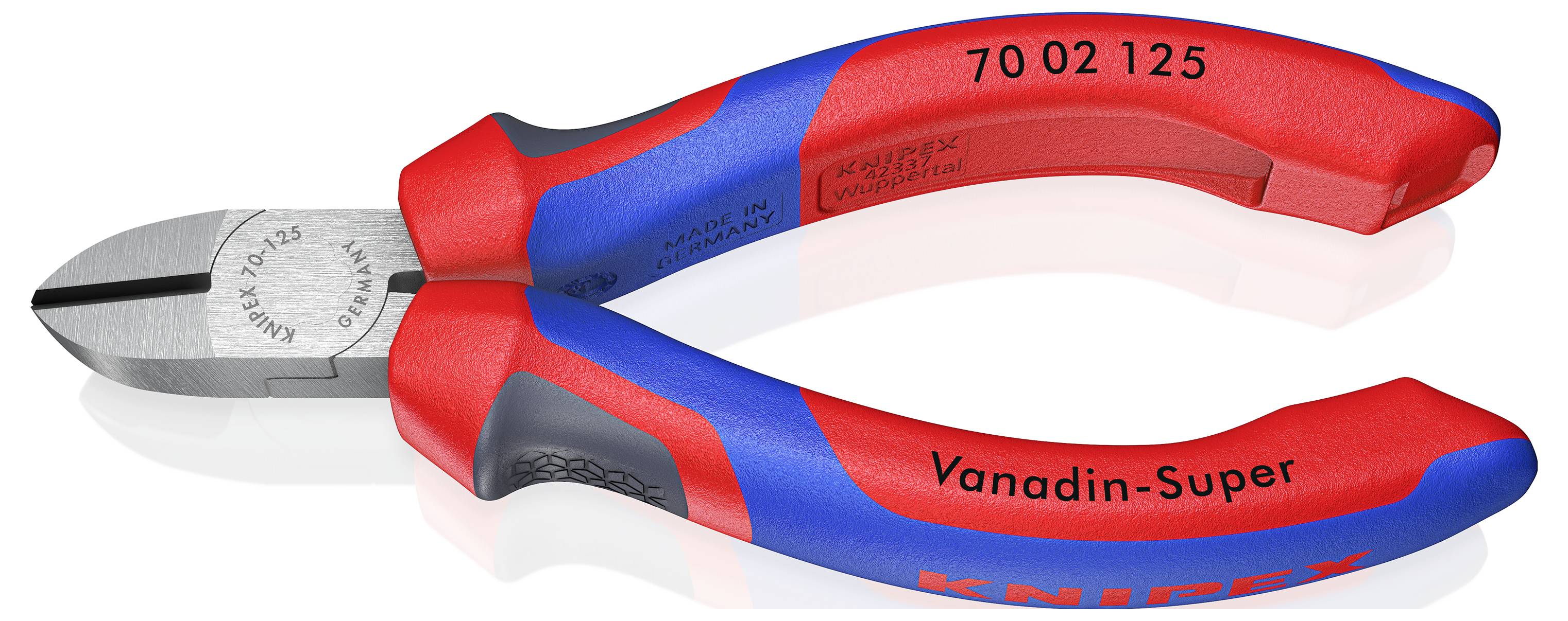 Seitenschneider in Rot-Blau, geeignet zum Schneiden von Draht. Aufschrift auf Griff: 'Vanadin-Super', '70 02 125'.