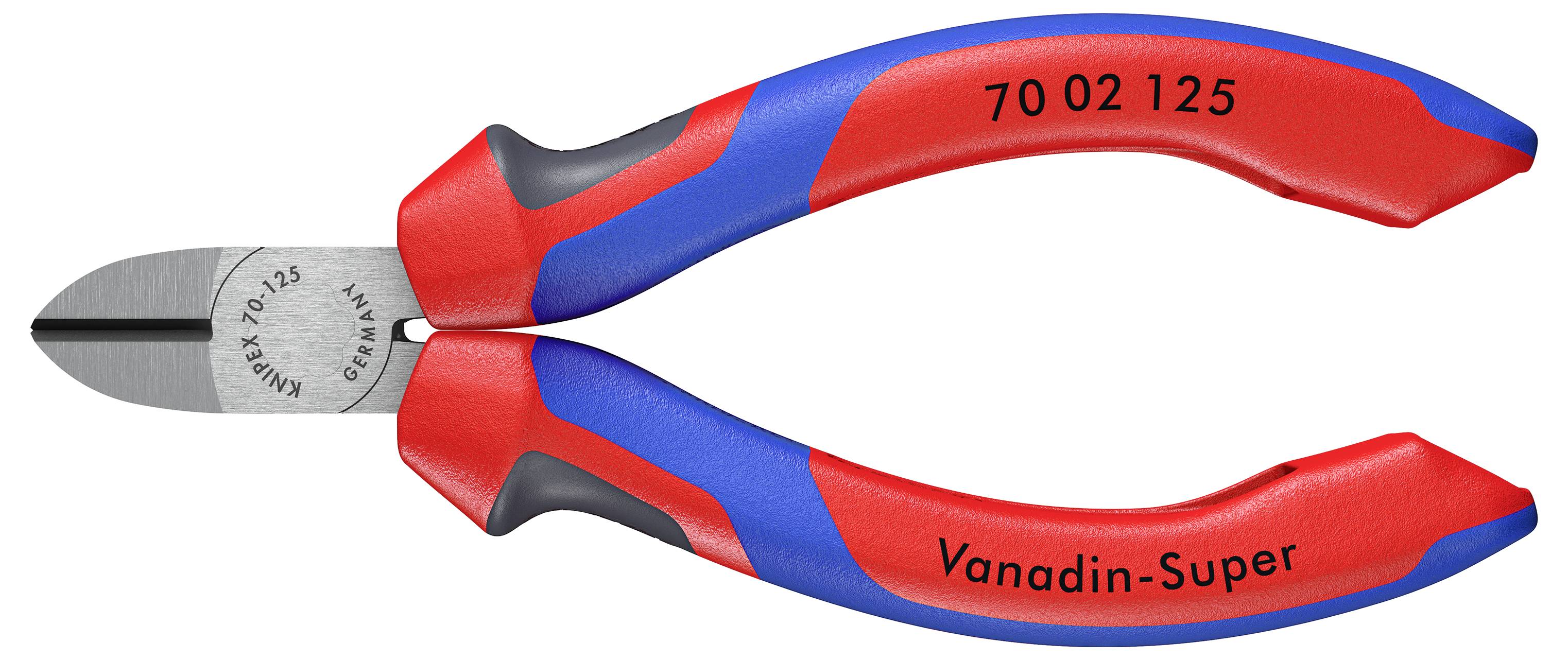 Rote und blaue Seitenschneiderzange mit Beschriftungen '70 02 125' und 'Vanadin-Super' auf dem Griff, geeignet zum Drahtschneiden.