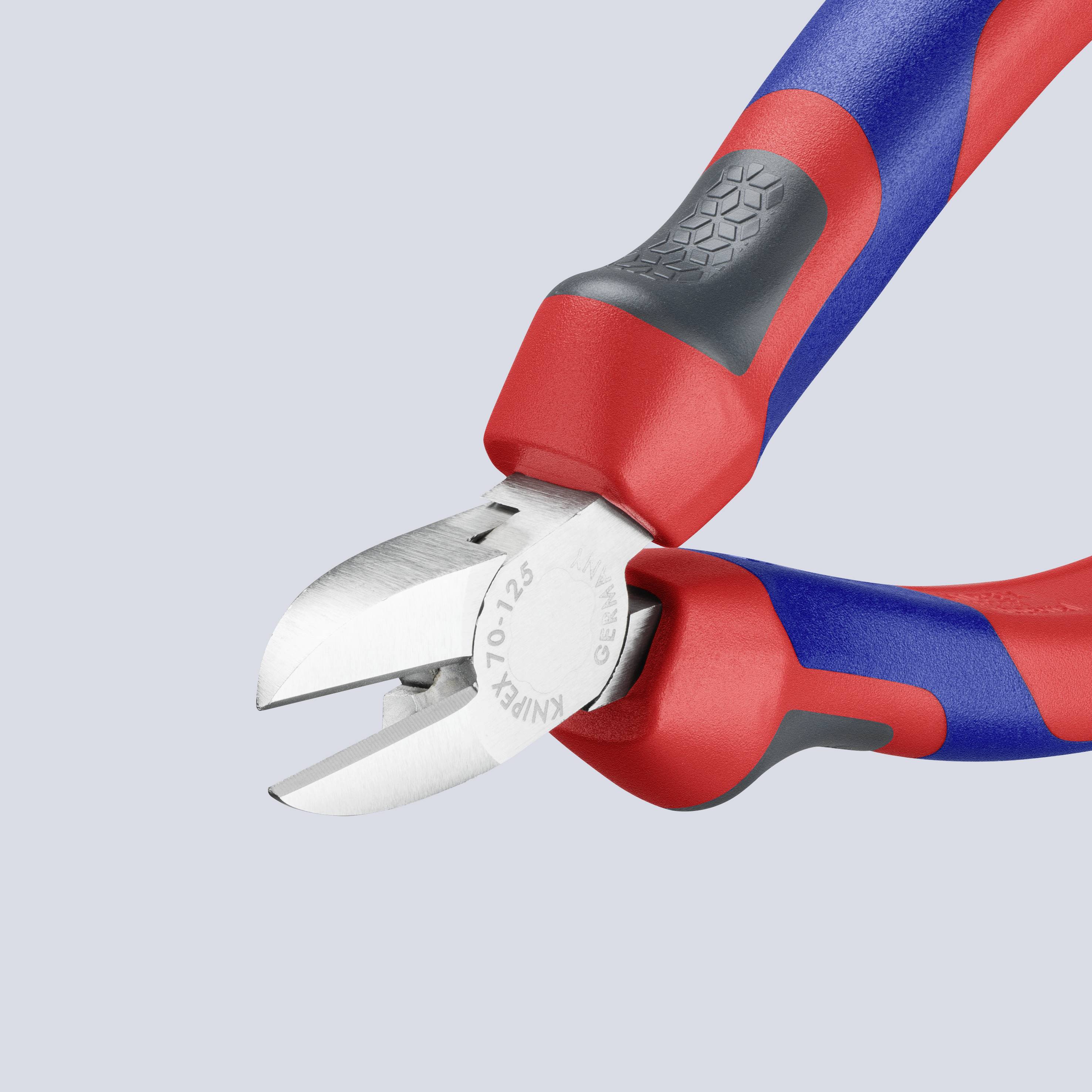 Seitenschneider mit ergonomischem Griff in Rot und Blau, geeignet zum Schneiden von Drähten und Kabeln.