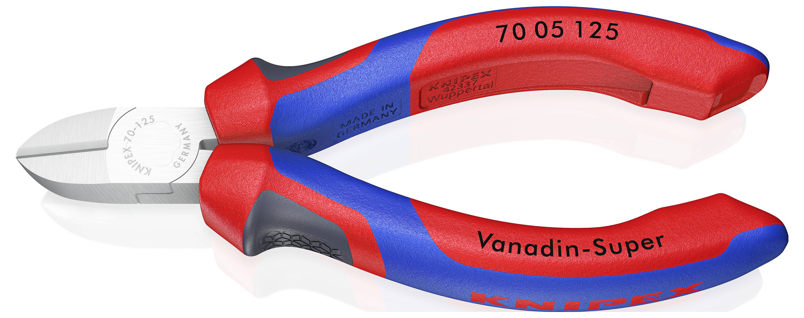 Seitenschneider der Marke Knipex, rot-blau, mit der Aufschrift 'Vanadin-Super' und '70 05 125'. Hauptsächlich zum Schneiden von Drähten.