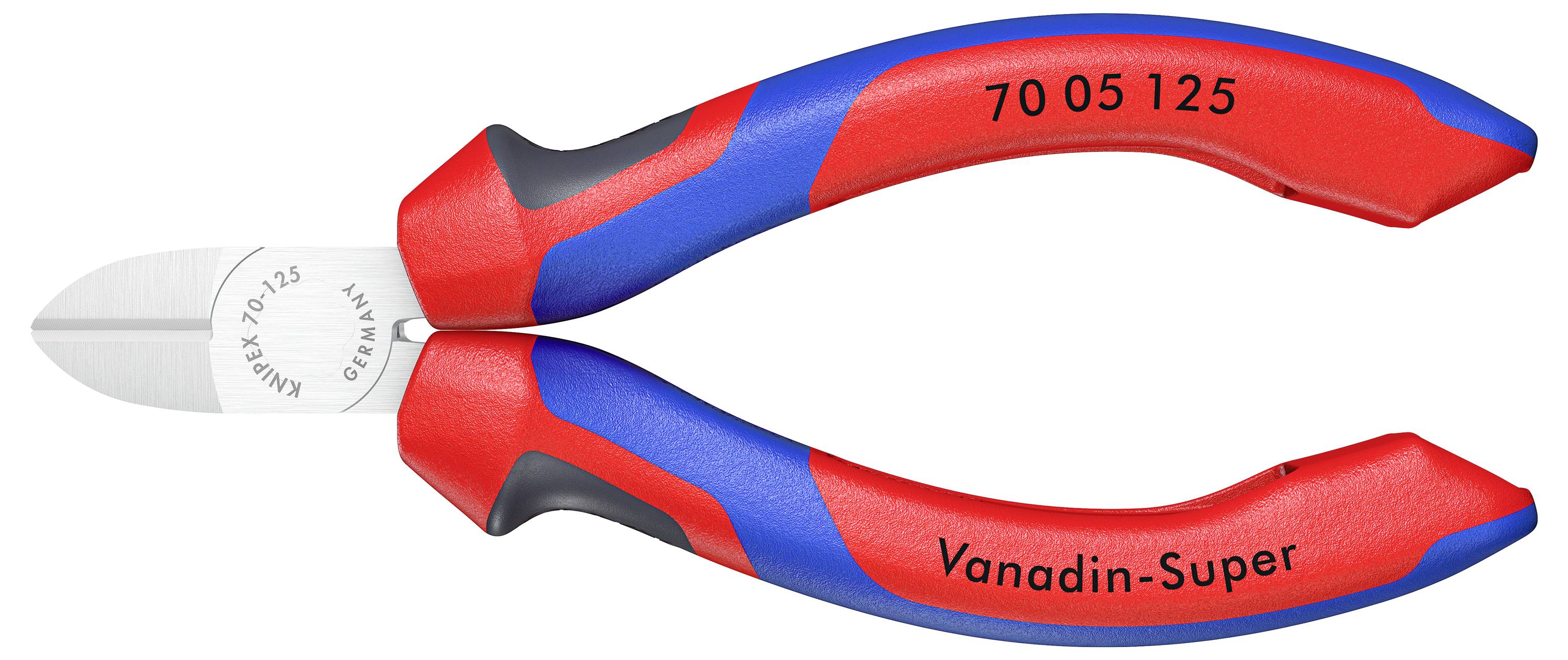 Seitenschneider mit roten und blauen Griffen, markiert mit 'Vanadin-Super' und '70 05 125' auf den Griffen. Tools zur Kabelbearbeitung.