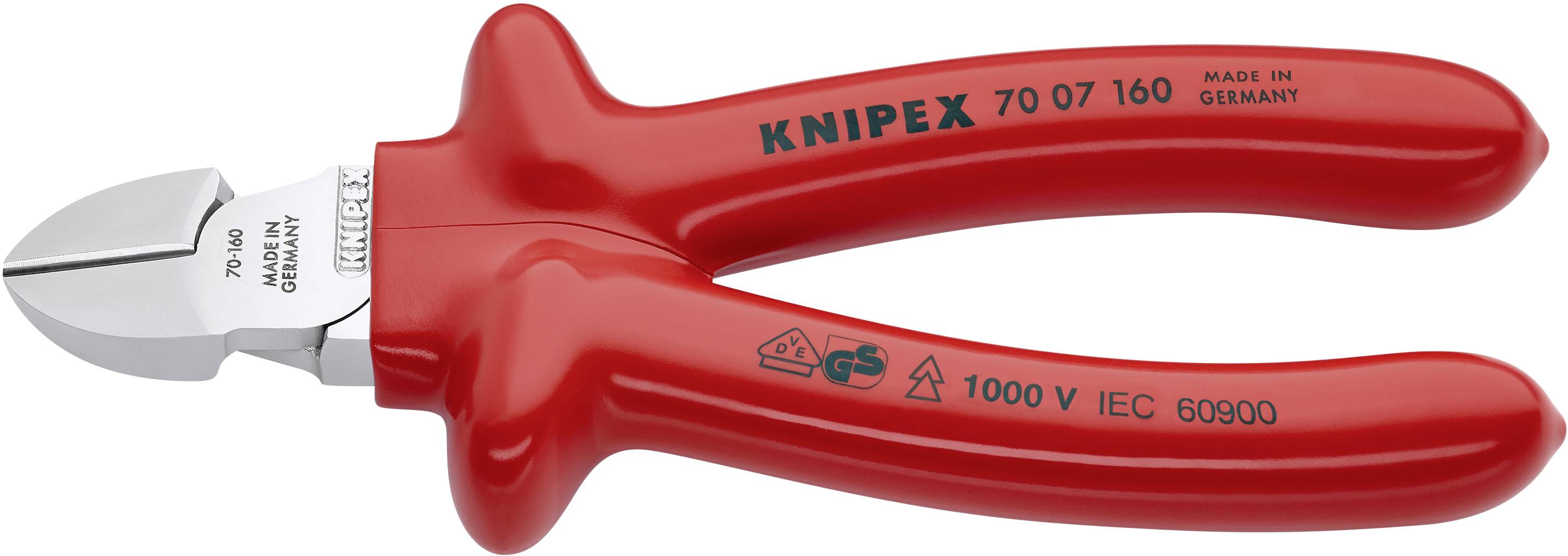 Rote Seitenschneiderzange der Marke Knipex, Modell 70 07 160, mit Aufschrift 'Made in Germany' und '1000 V IEC 60900'.