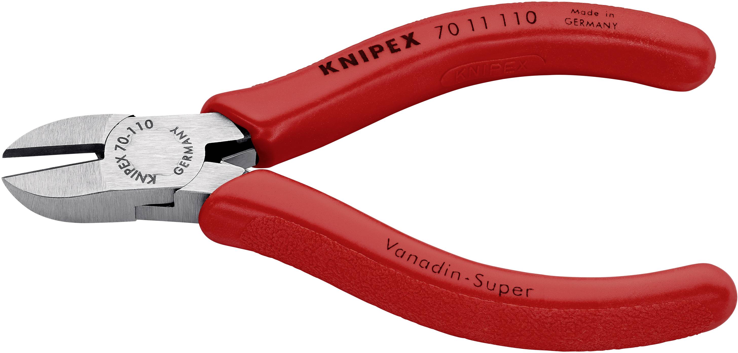 Rote Seitenschneiderzange mit der Aufschrift 'KNIPEX' und 'Made in Germany', geeignet zum Schneiden von Drähten.