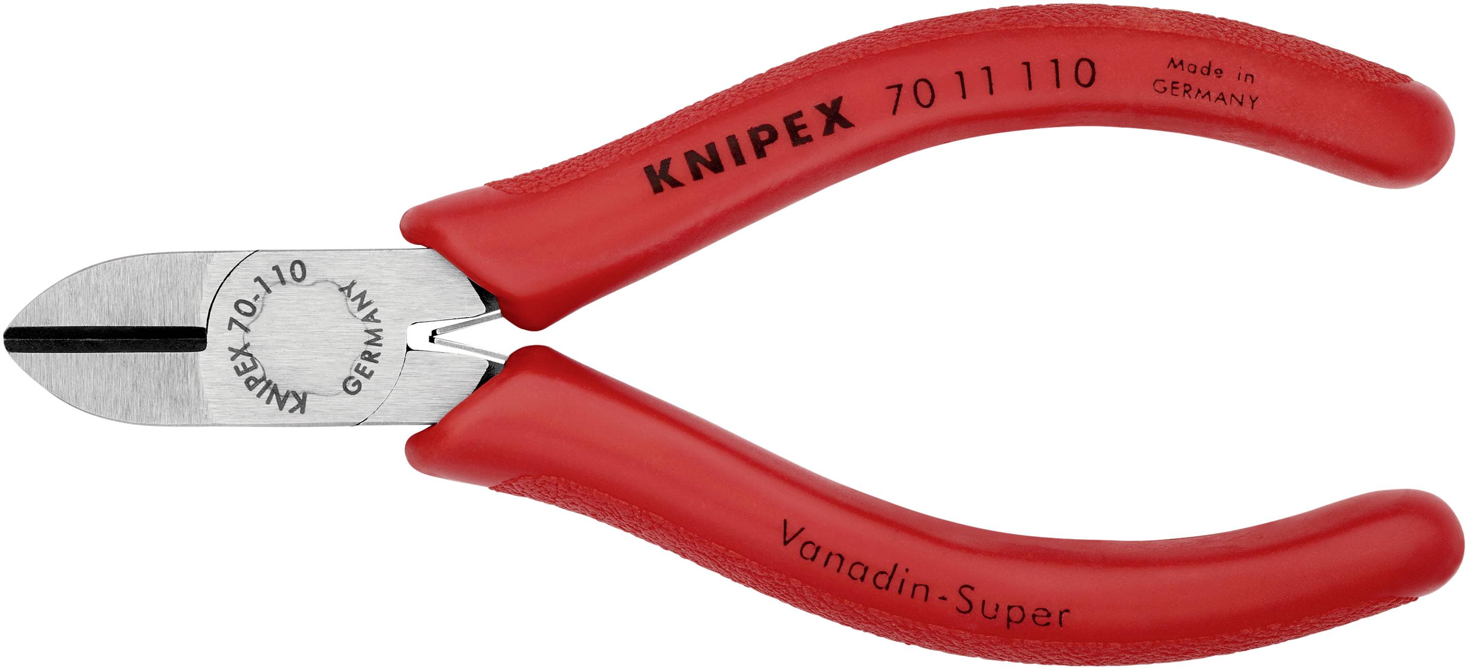 Knipex Seitenschneider mit rotem Griff, Modell 70 11 110, hergestellt in Deutschland. Für präzises Schneiden von Drähten geeignet.
