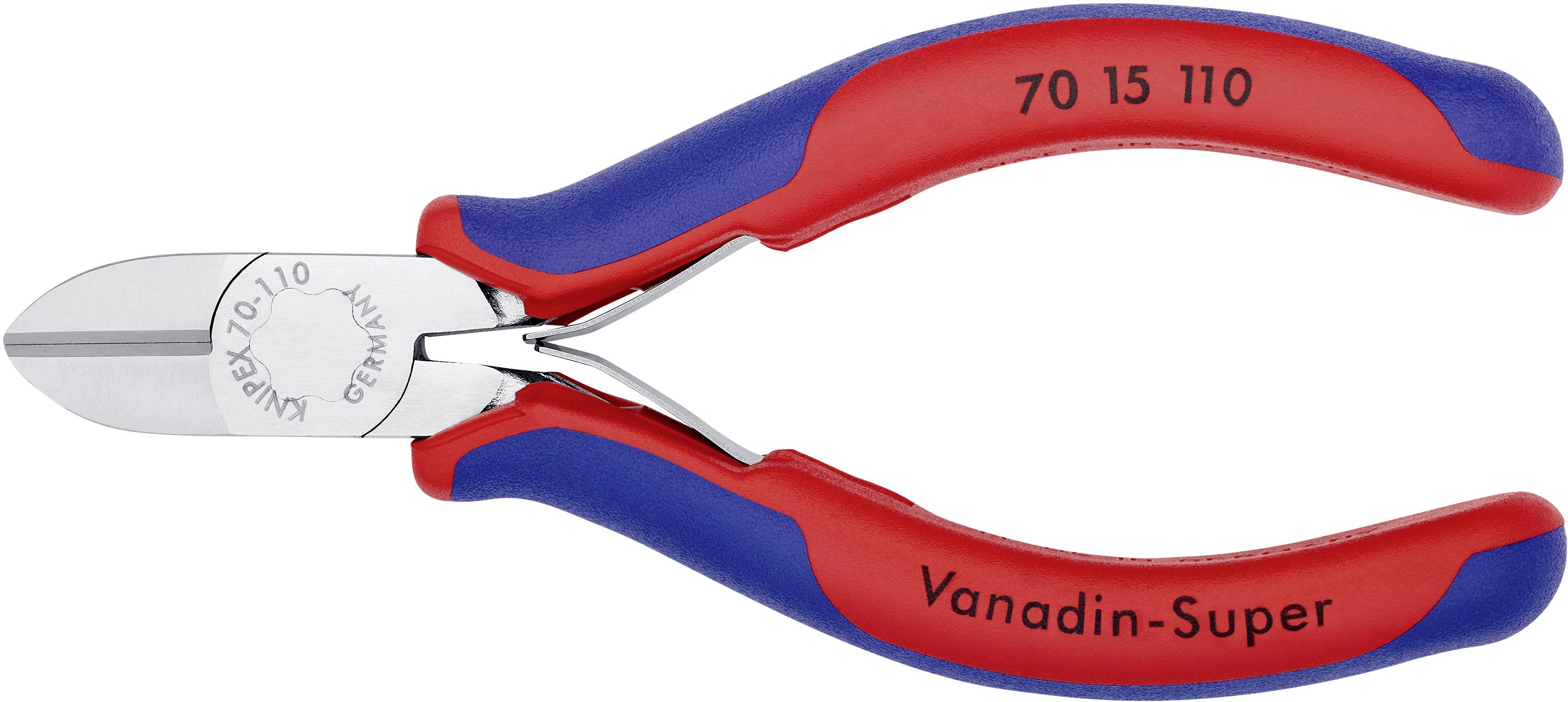 Flachzange mit roten und blauen Griffen und silbernen Schneidkanten. Auf dem Griff steht 'Vanadin-Super'.