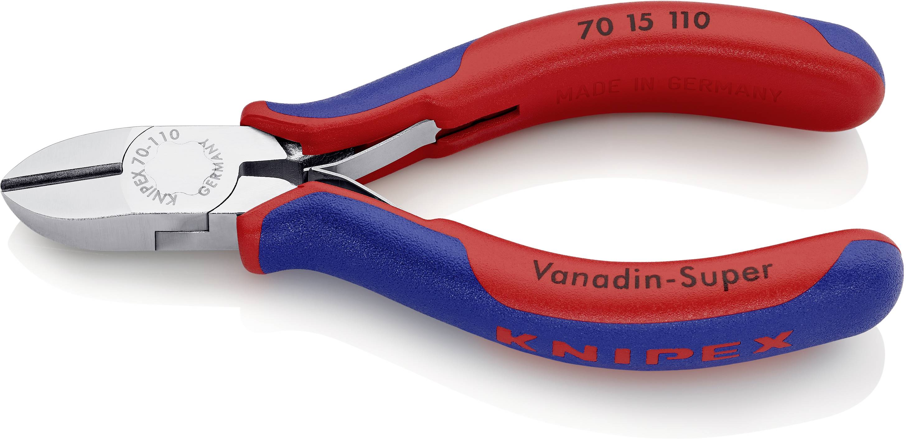 Seitenschneider mit roten und blauen Griffen, hergestellt von Knipex. Modellnummer: 70 15 110. Verwendet für präzises Schneiden von Drähten.