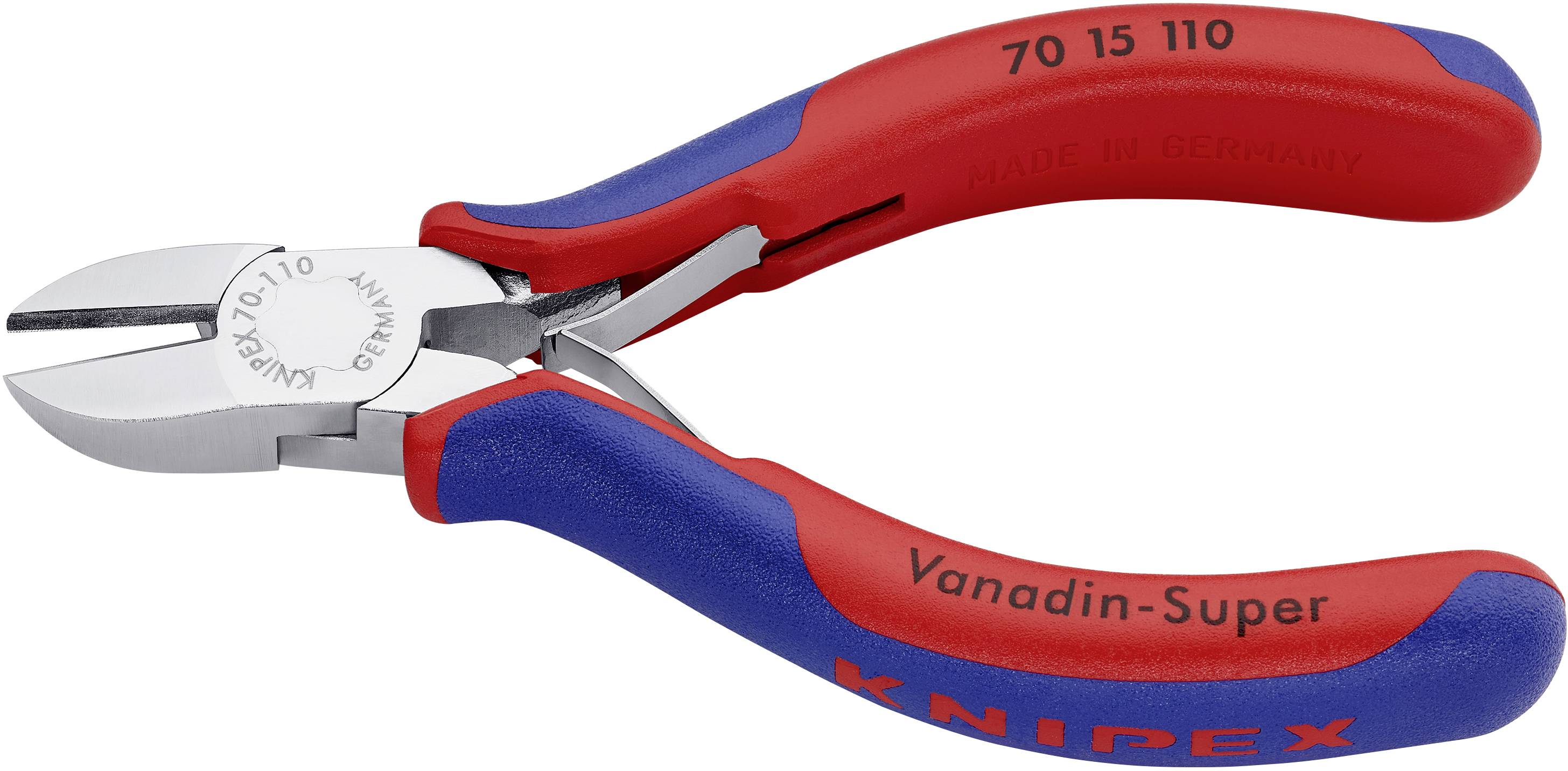Zange mit roten und blauen Griffen, Aufschrift 'Knipex', Länge 110 mm, made in Germany, Vanadin-Super Stahl.
