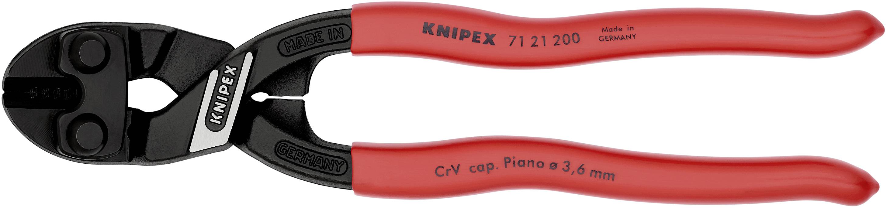 Bolzenschneider mit rot-schwarzem Griff, Marke Knipex, Modellnummer 71 21 200, geeignet für Klavierdraht bis 3,6 mm.