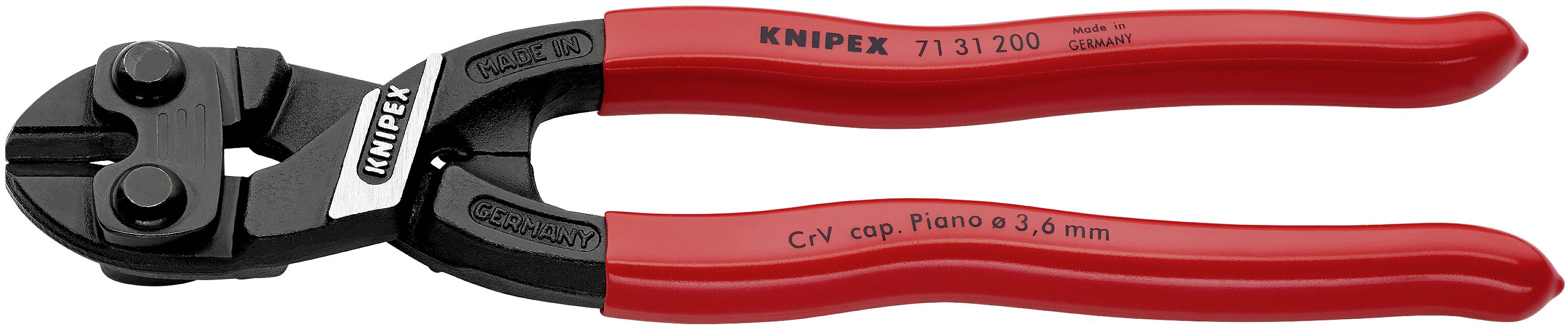 Bolzenschneider mit roten Griffen, geeignet zum Schneiden von bis zu 3,6 mm starken Drähten. Markierung 'Knipex' auf Griffen sichtbar.
