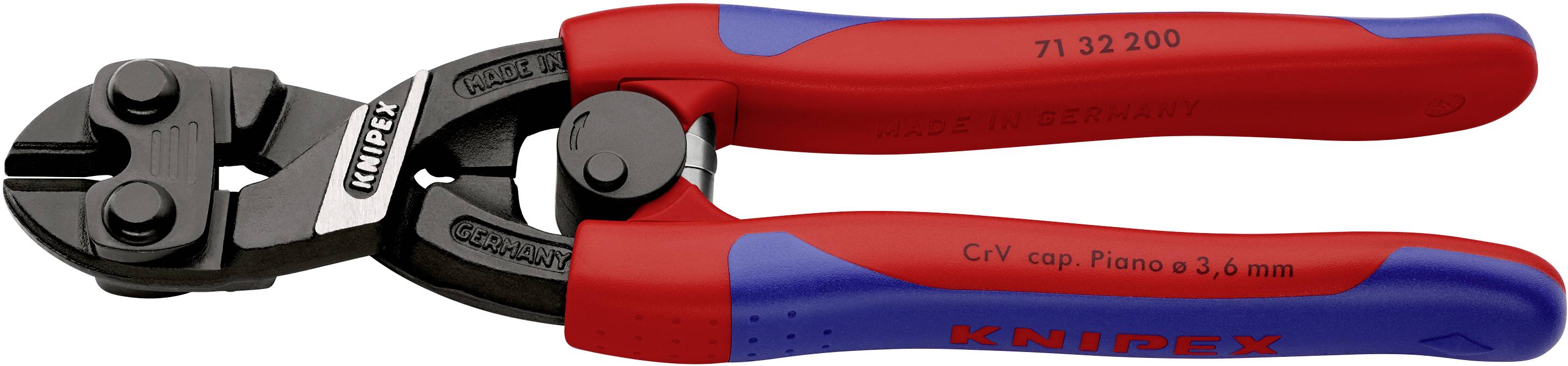 Eine rote und blaue Kabelschere mit der Beschriftung 'Knipex'. Eignet sich zum Durchtrennen robuster Drähte und kleiner Metallstäbe.